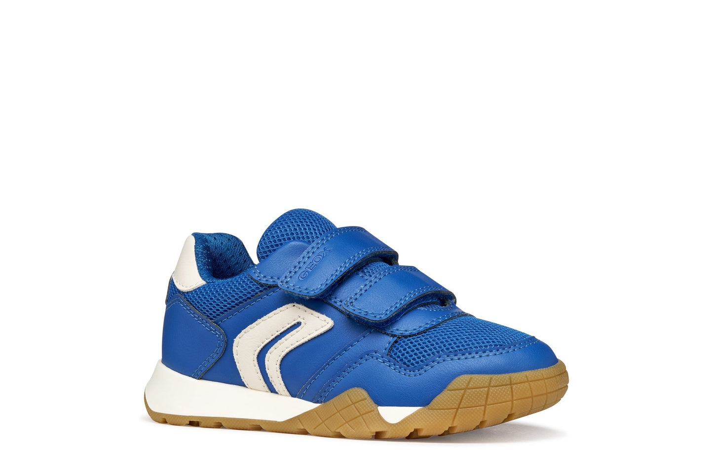 Geox Navy and ivory Rann‑E junior sneakers with leather‑effect and mesh upper, breathable and sporty.

