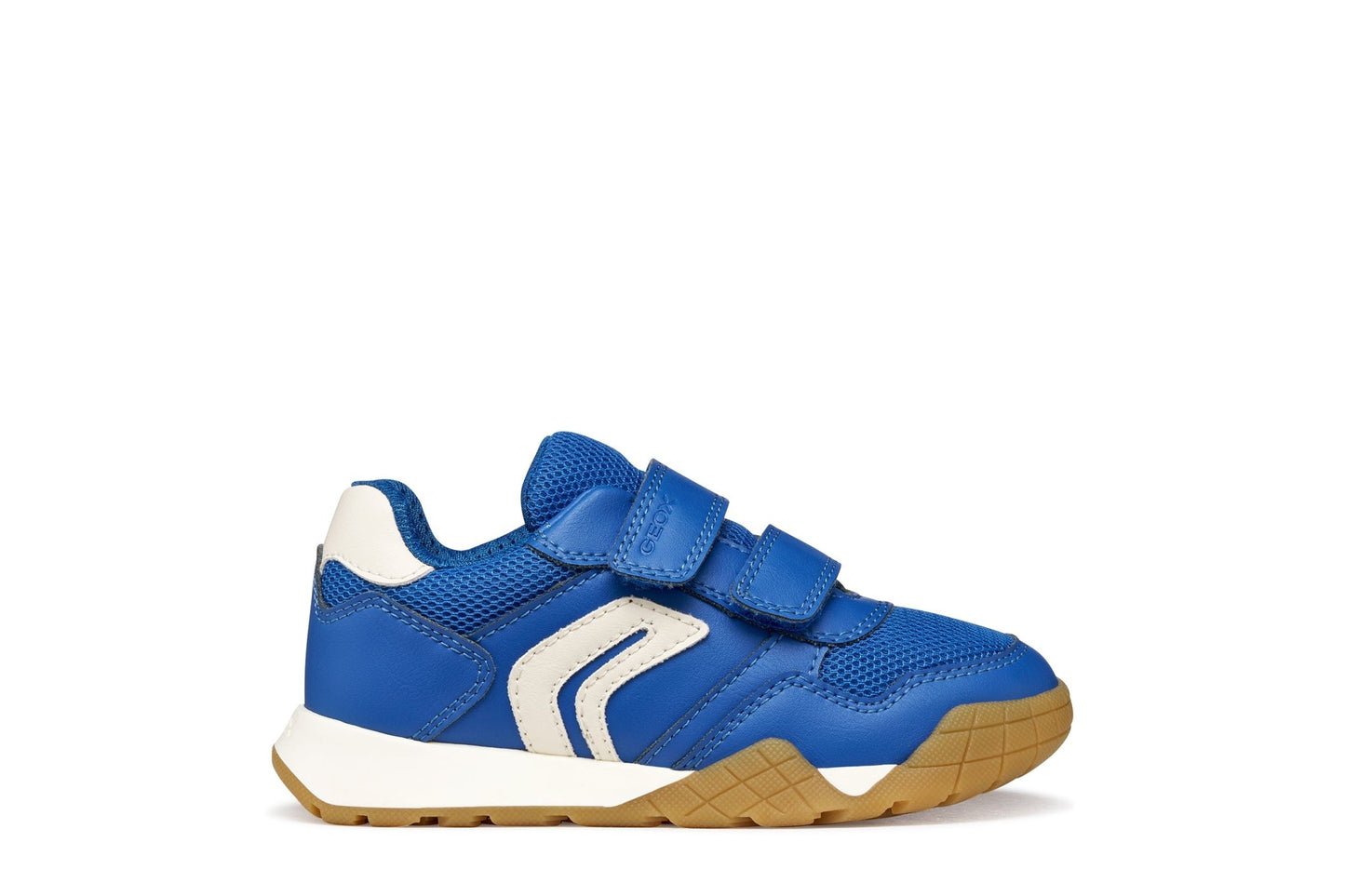 Geox Navy and ivory Rann‑E junior sneakers with leather‑effect and mesh upper, breathable and sporty.
