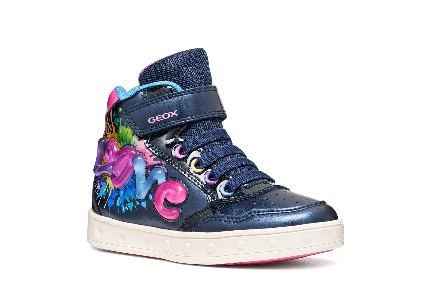 Navy Geox Skylin girl high‑top trainer with LOVE light‑up side detail, multicoloured eyelets, lace‑up front and Velcro strap.