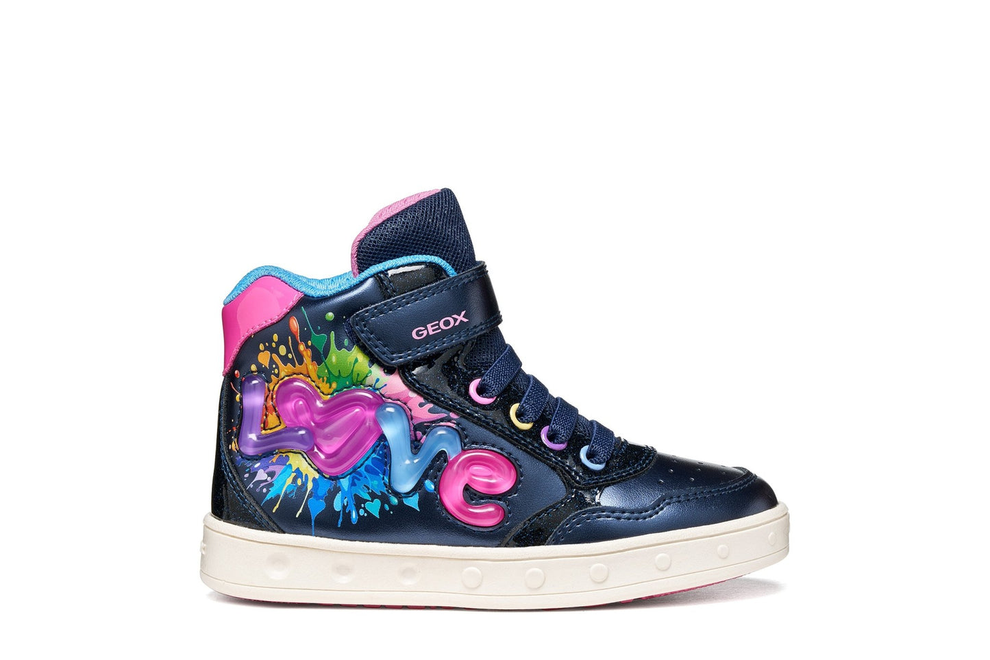 Navy Geox Skylin girl high‑top trainer with LOVE light‑up side detail, multicoloured eyelets, lace‑up front and Velcro strap.