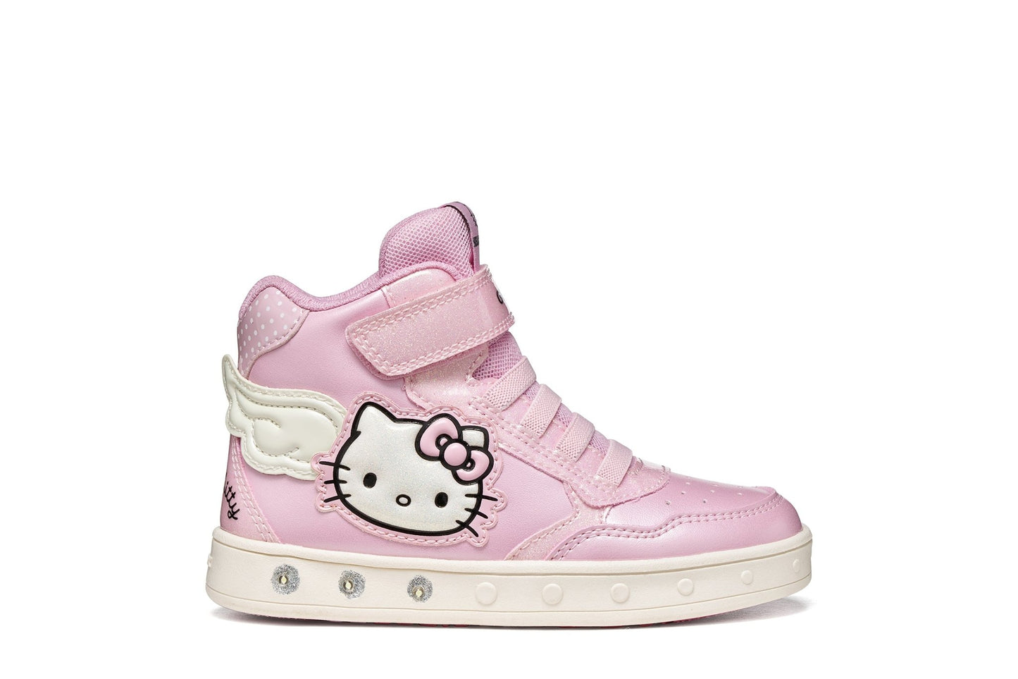 Pink Geox Skylin Hello Kitty girl high‑top with wing detail, light‑up midsole, lace‑up front and Velcro strap.