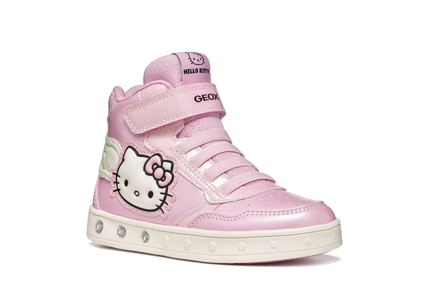 Pink Geox Skylin Hello Kitty girl high‑top with wing detail, light‑up midsole, lace‑up front and Velcro strap.