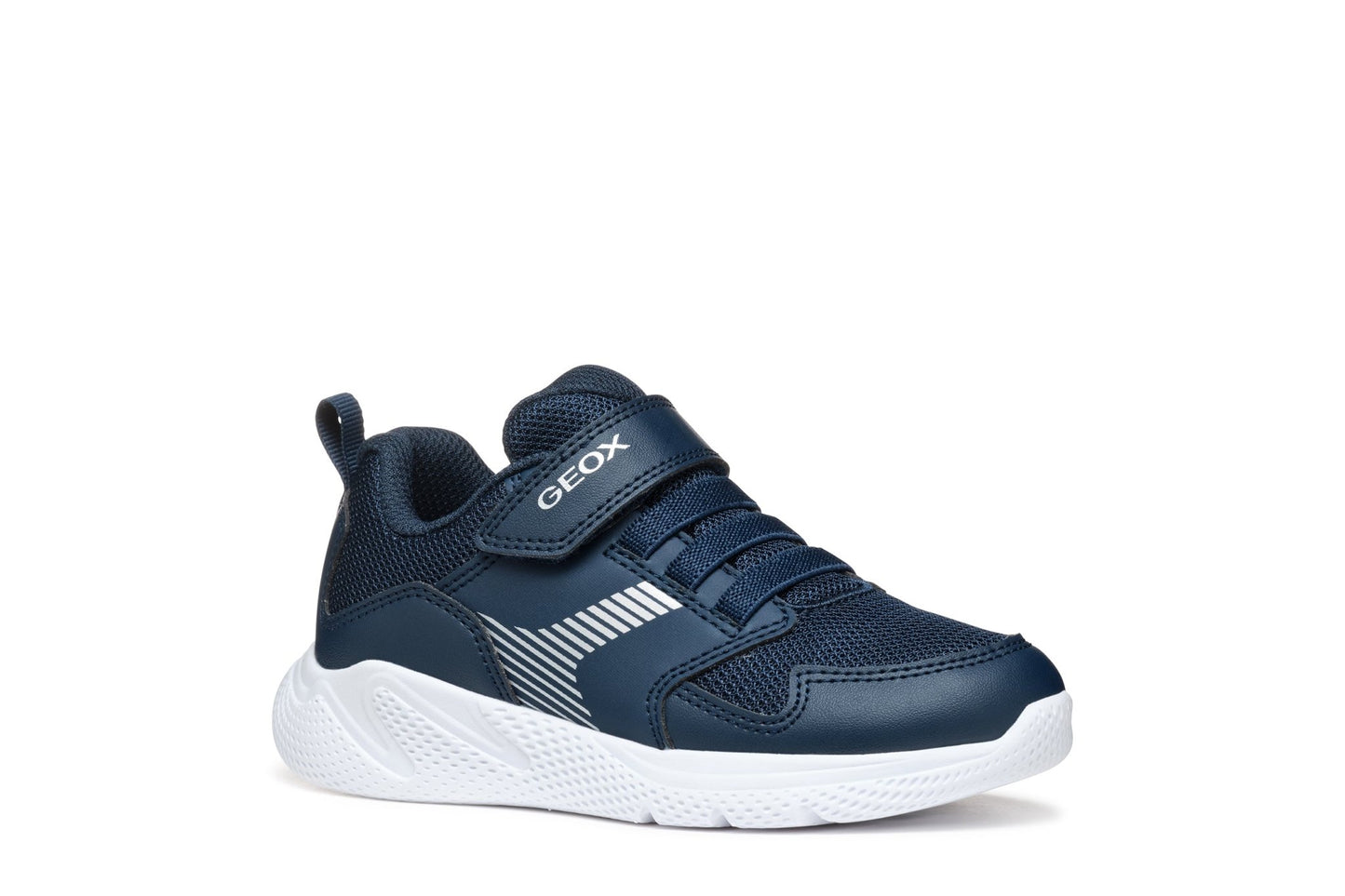Geox Navy Sprintye boys’ sneakers made from water‑resistant nylon with leather‑effect panels.