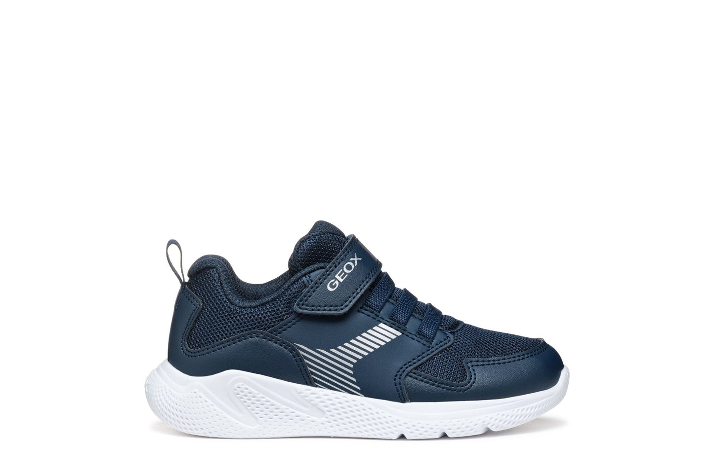 Geox Navy Sprintye boys’ sneakers made from water‑resistant nylon with leather‑effect panels.