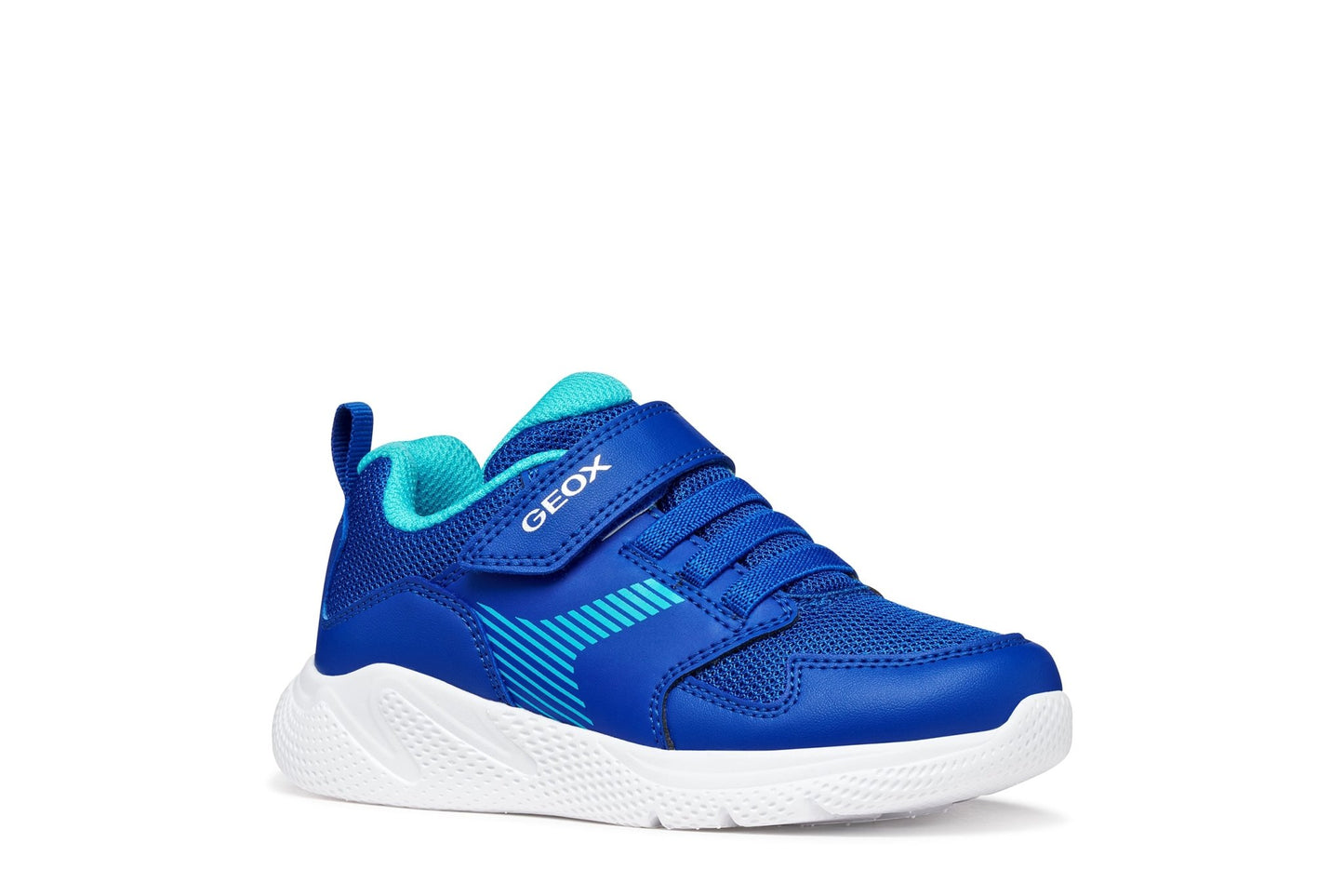 Royal and light blue Geox Sprintye boys’ sneakers with leather‑effect panels and sporty, durable design.