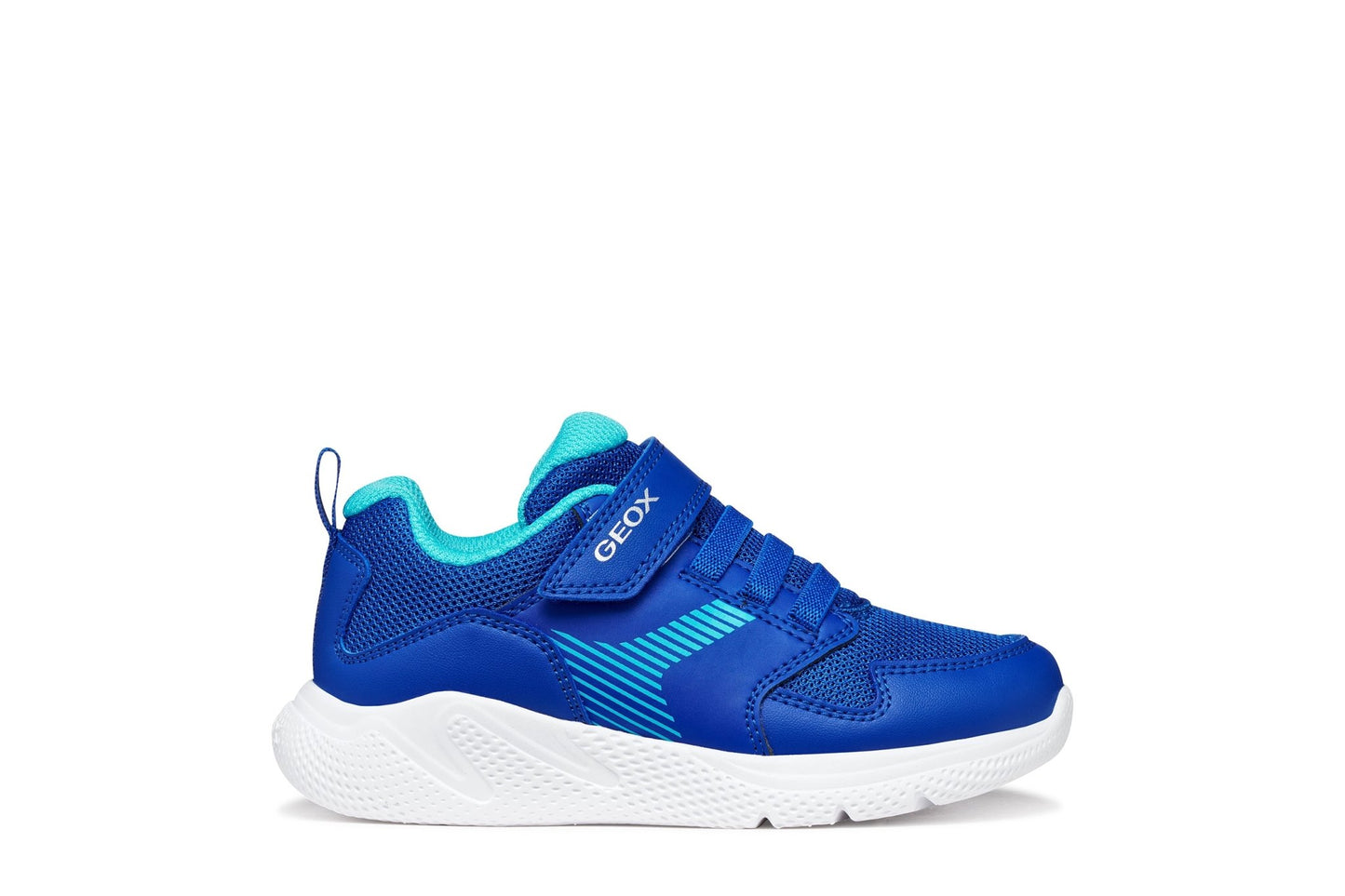 Royal and light blue Geox Sprintye boys’ sneakers with leather‑effect panels and sporty, durable design.