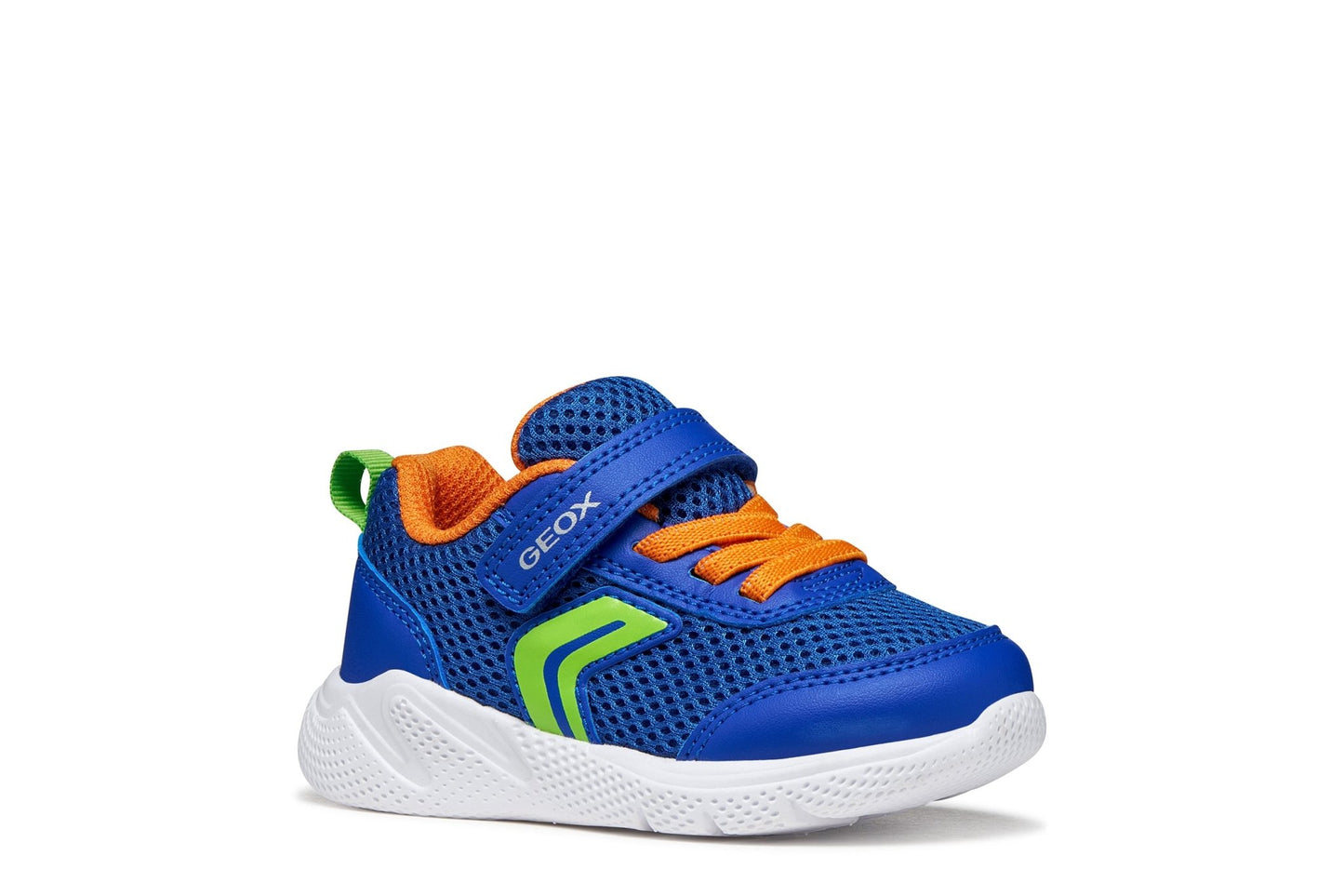 Royal blue and orange Geox Sprintye baby sneakers with mesh and leather‑effect upper, elastic laces, strap fastening, and a lightweight cushioned running‑style design.
