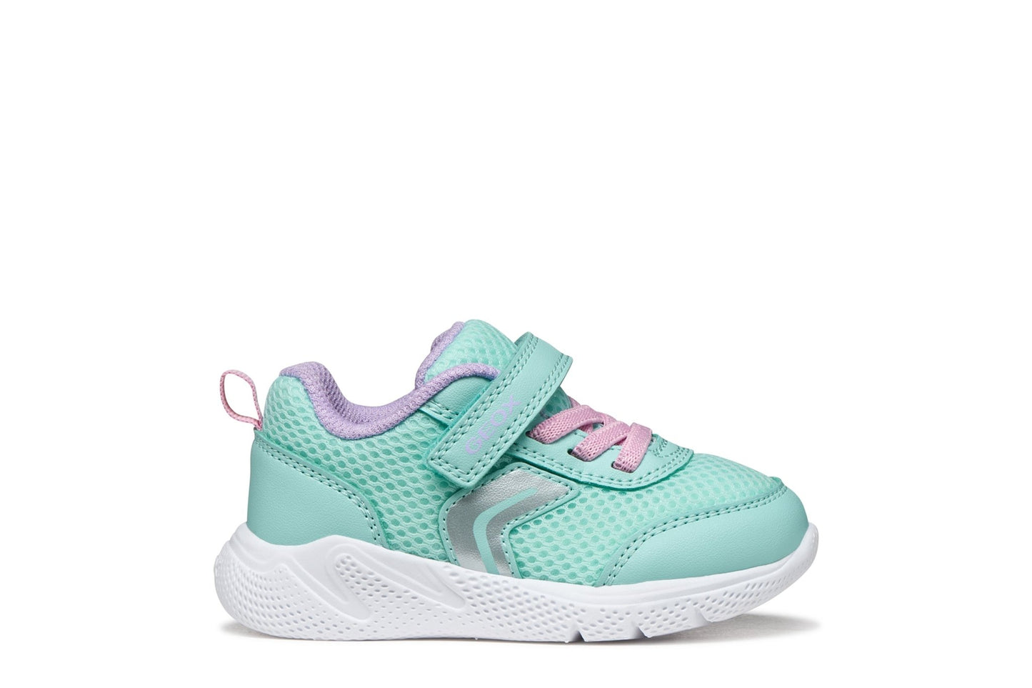 Watersea teal and pink Geox Sprintye baby sneakers with breathable mesh, leather‑effect upper, cushioned running‑style outsole, and easy strap‑and‑elastic fastening.