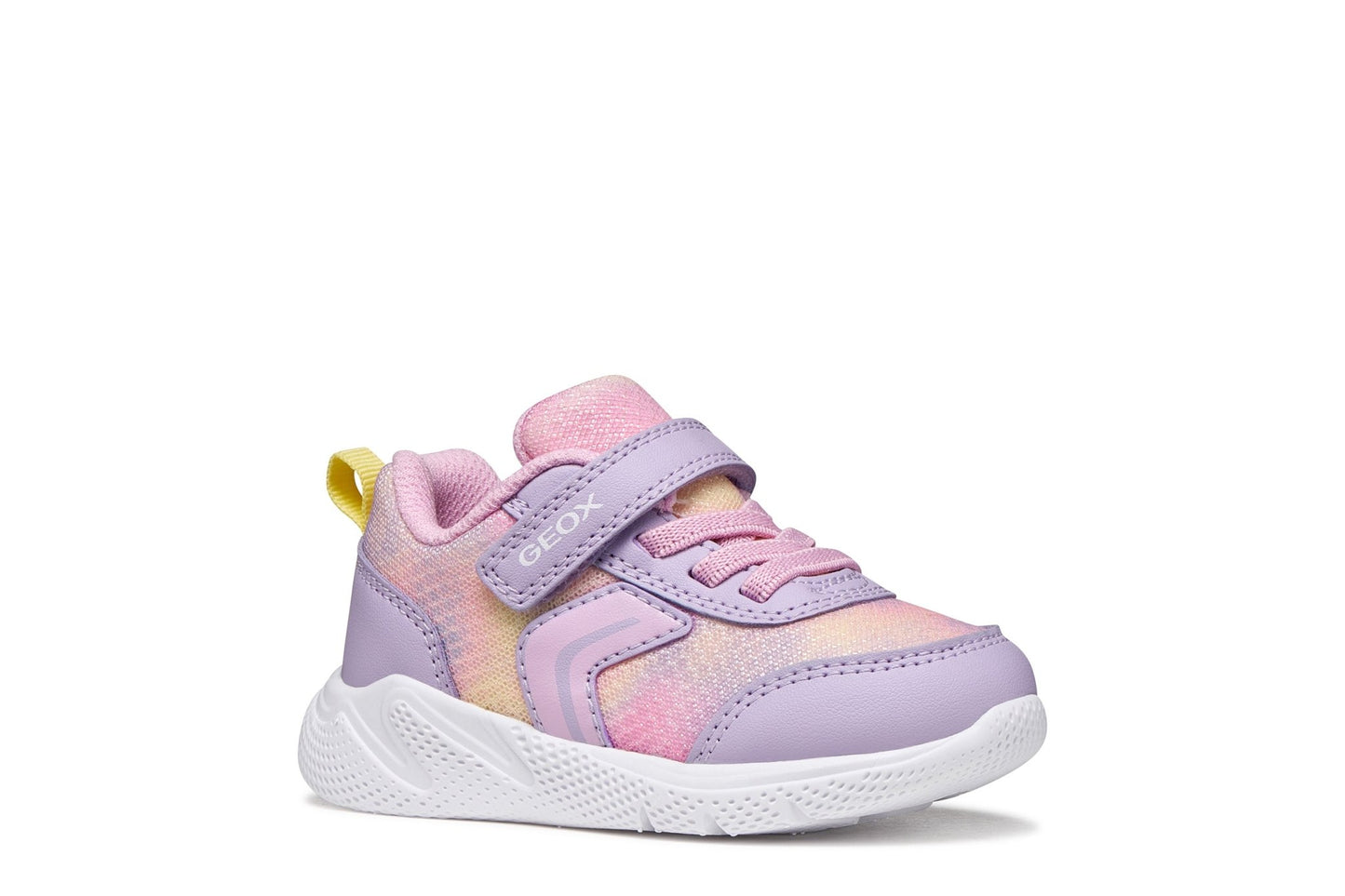 Light lilac and pink Geox Sprintye baby sneakers with breathable mesh, leather‑effect upper, cushioned running‑style outsole, and easy strap‑and‑elastic fastening.