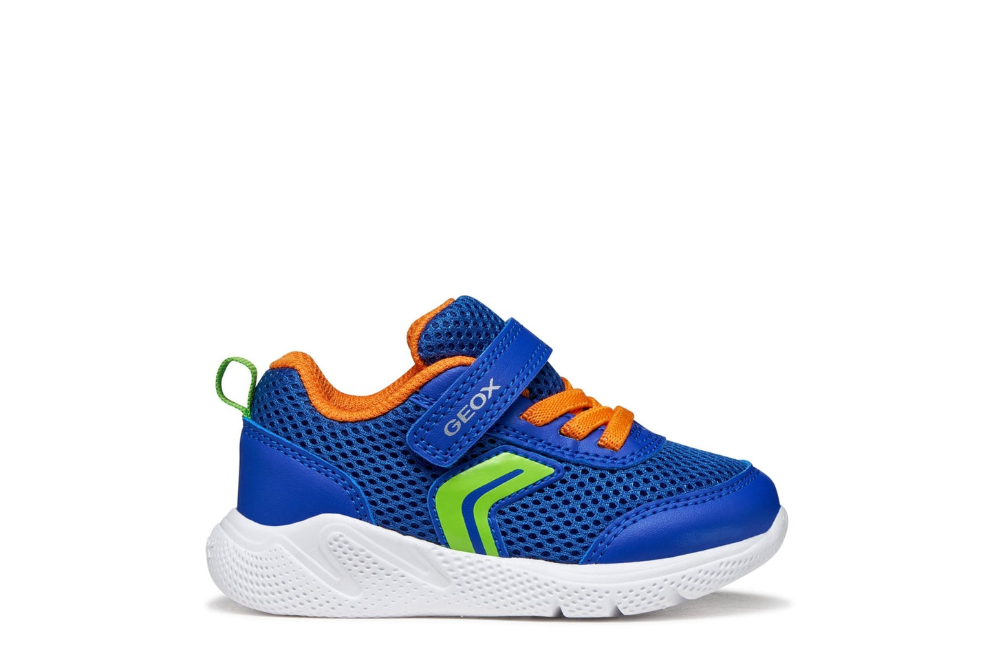 Royal blue and orange Geox Sprintye baby sneakers with mesh and leather‑effect upper, elastic laces, strap fastening, and a lightweight cushioned running‑style design.