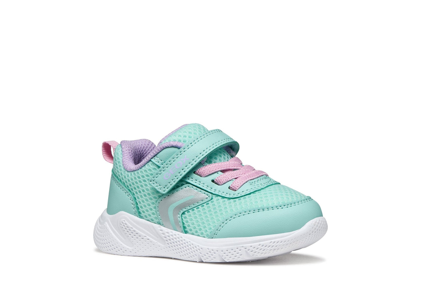 Watersea teal and pink Geox Sprintye baby sneakers with breathable mesh, leather‑effect upper, cushioned running‑style outsole, and easy strap‑and‑elastic fastening.