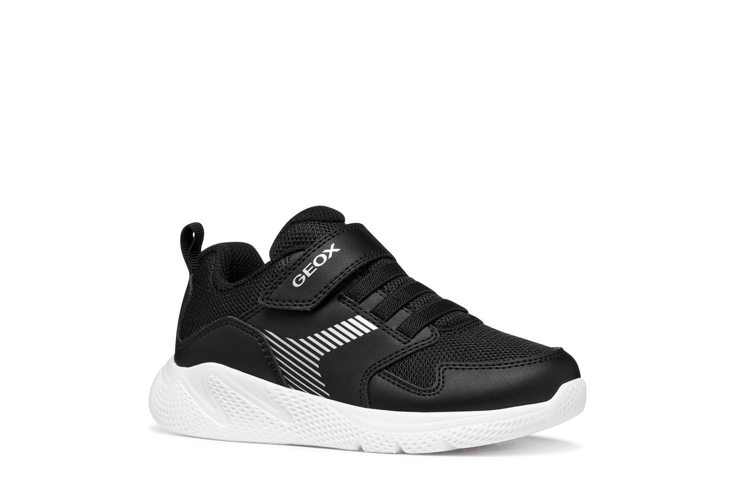 Black Geox Sprintye boys’ sneakers with leather‑effect panels and a sporty, durable design.