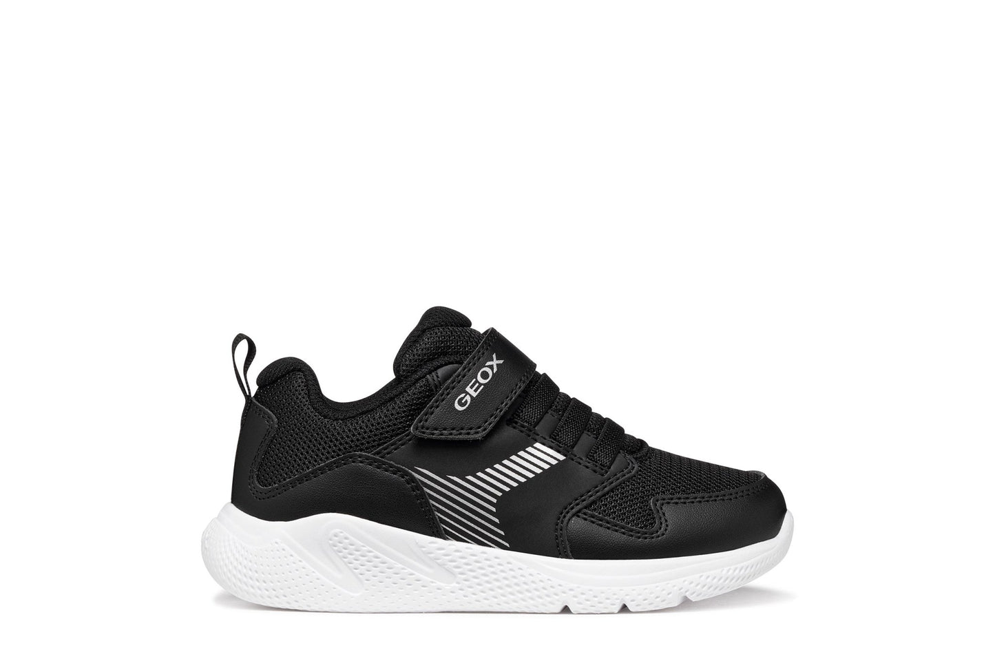 Black Geox Sprintye boys’ sneakers with leather‑effect panels and a sporty, durable design.