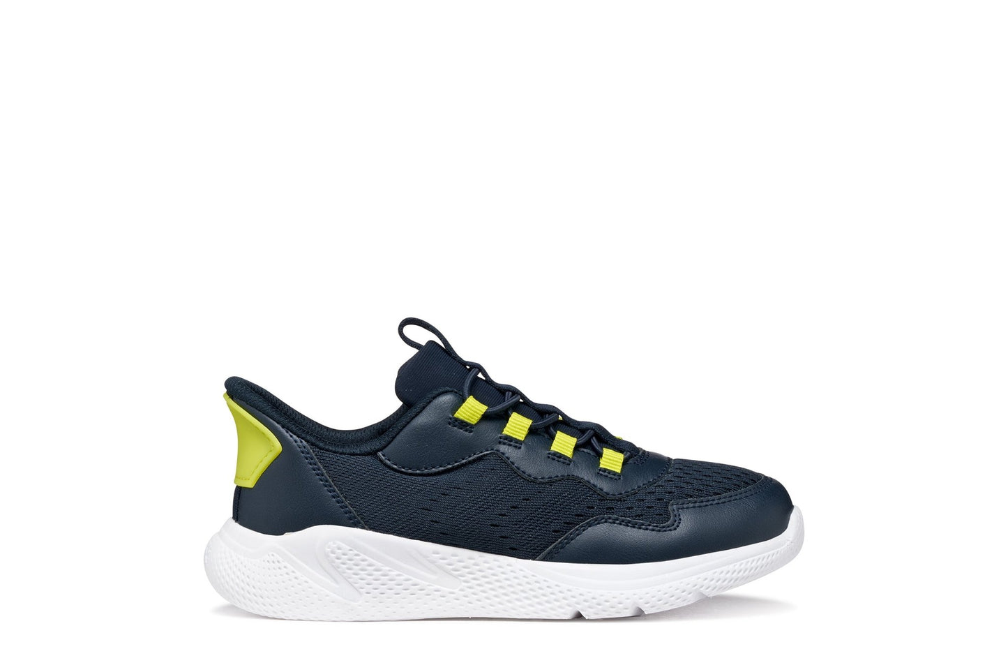 Navy and lime Geox Sprintye Fast In boys’ slip‑on sneakers with breathable mesh, cushioned running‑style design, and flexible outsole - available at Geox stockist Little BigHeads.