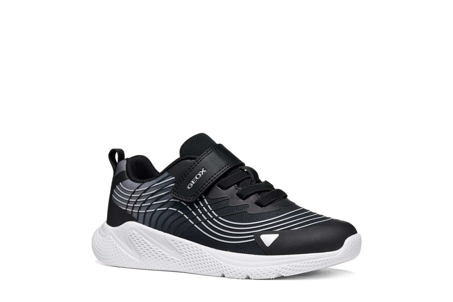 Black and silver  Geox Sprintye boy trainer with white curved detailing, elastic laces, Velcro strap and breathable mesh upper.