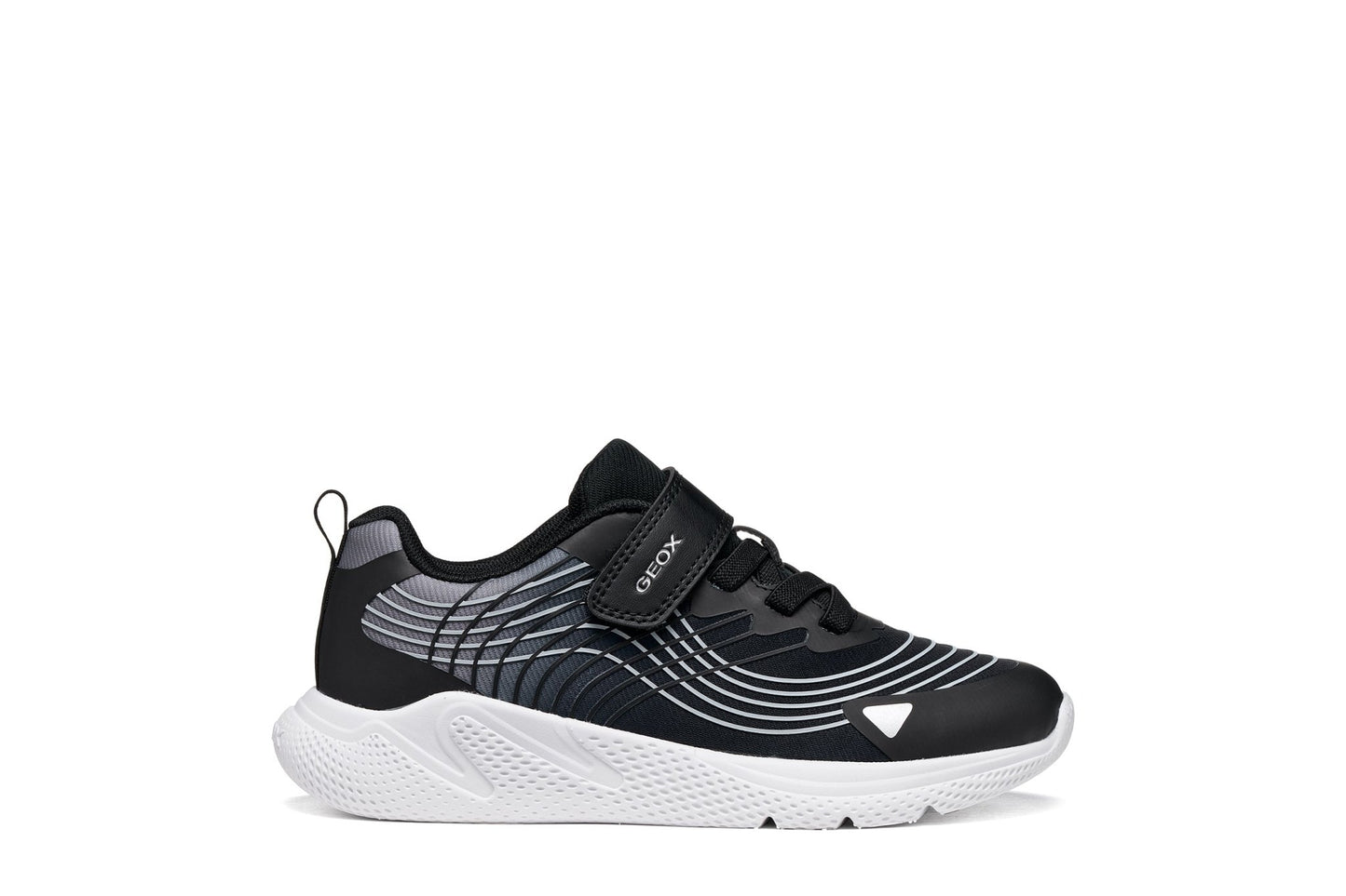 Black Geox Sprintye boy trainer with white curved detailing, elastic laces, Velcro strap and breathable mesh upper.