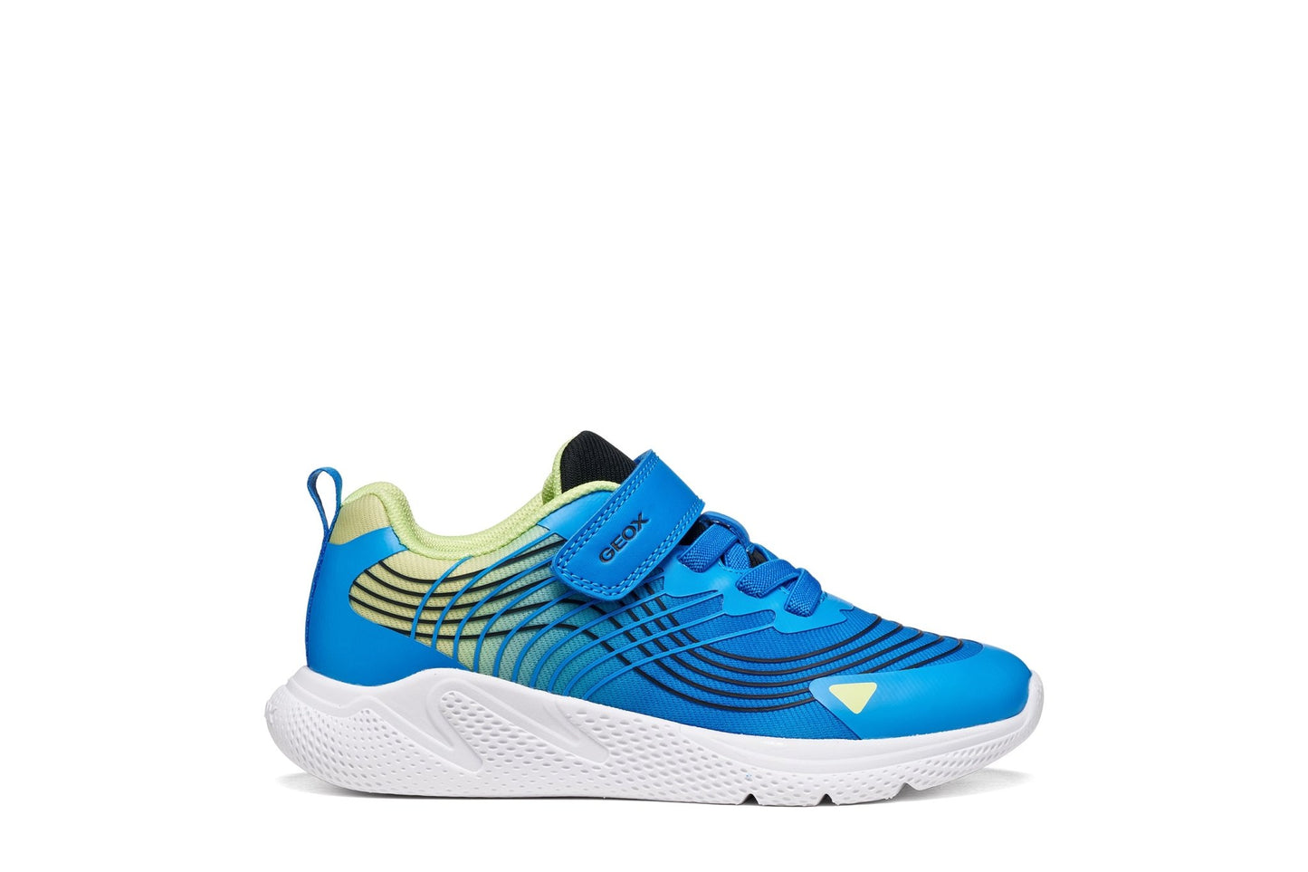 Royal blue Geox Sprintye boy trainer with lime accents, elastic laces, Velcro strap and breathable mesh upper.
