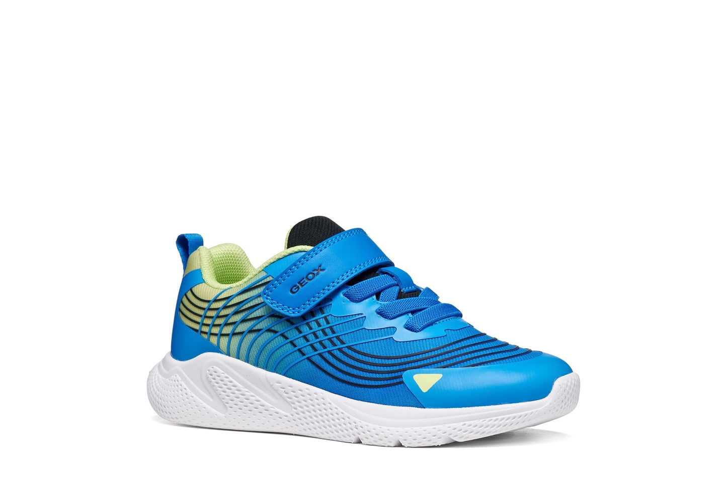 Royal blue Geox Sprintye boy trainer with lime accents, elastic laces, Velcro strap and breathable mesh upper.
