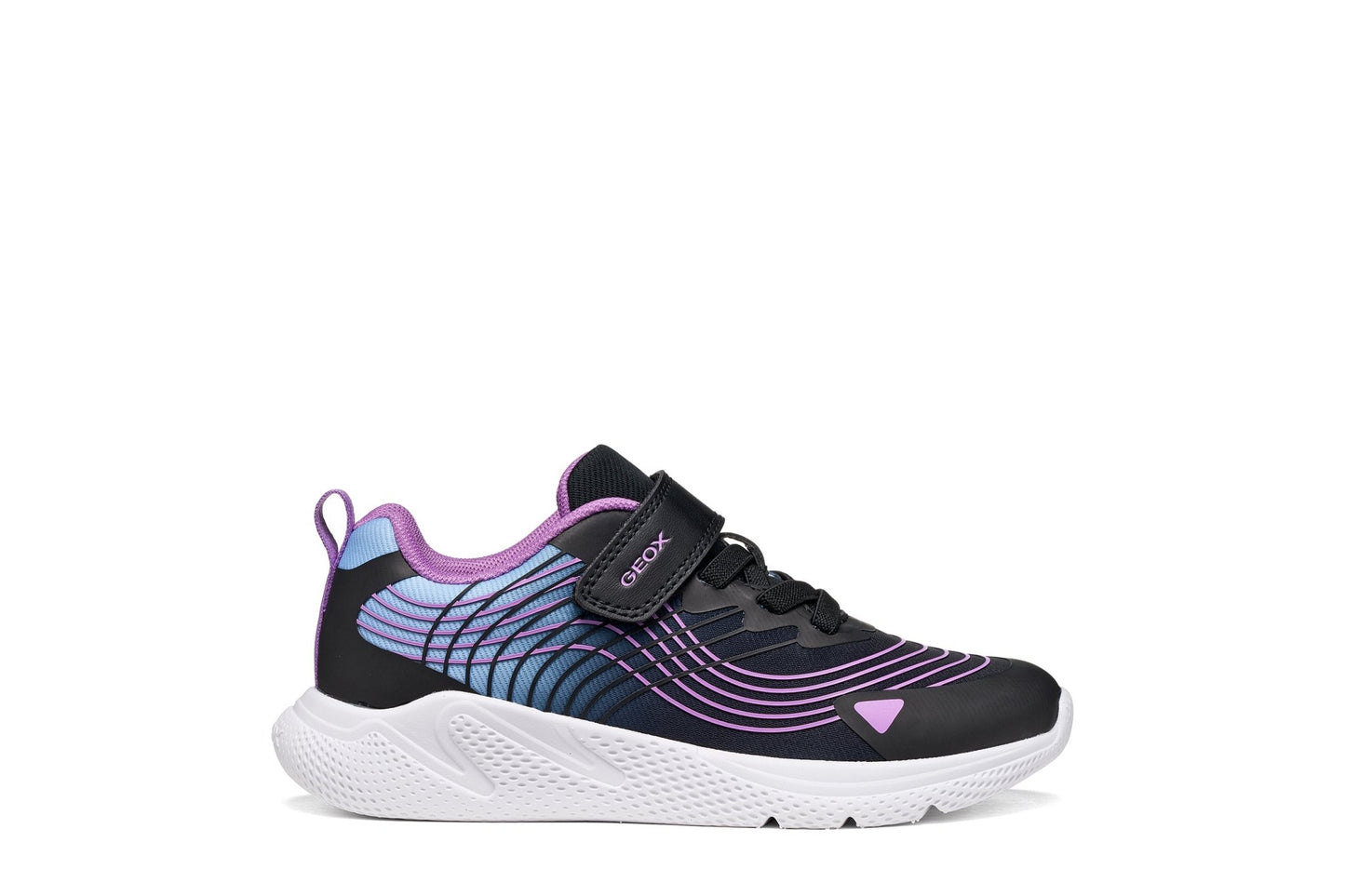 Black Geox Sprintye girl trainer with purple and sky‑blue accents, elastic laces, Velcro strap and breathable mesh upper.