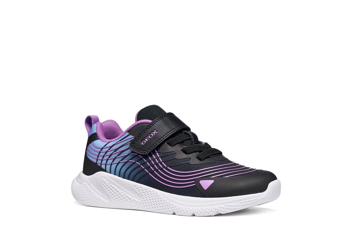 Black Geox Sprintye girl trainer with purple and sky‑blue accents, elastic laces, Velcro strap and breathable mesh upper.