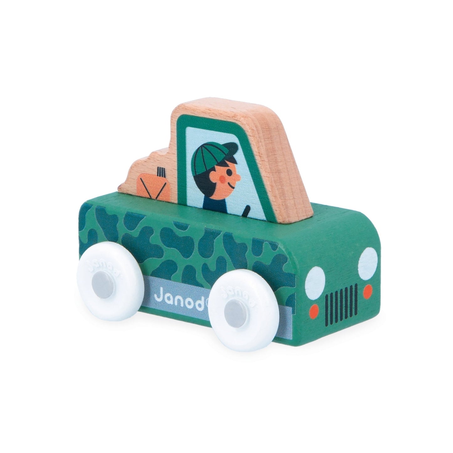Green toy car with a pink roof and white wheels on a white background