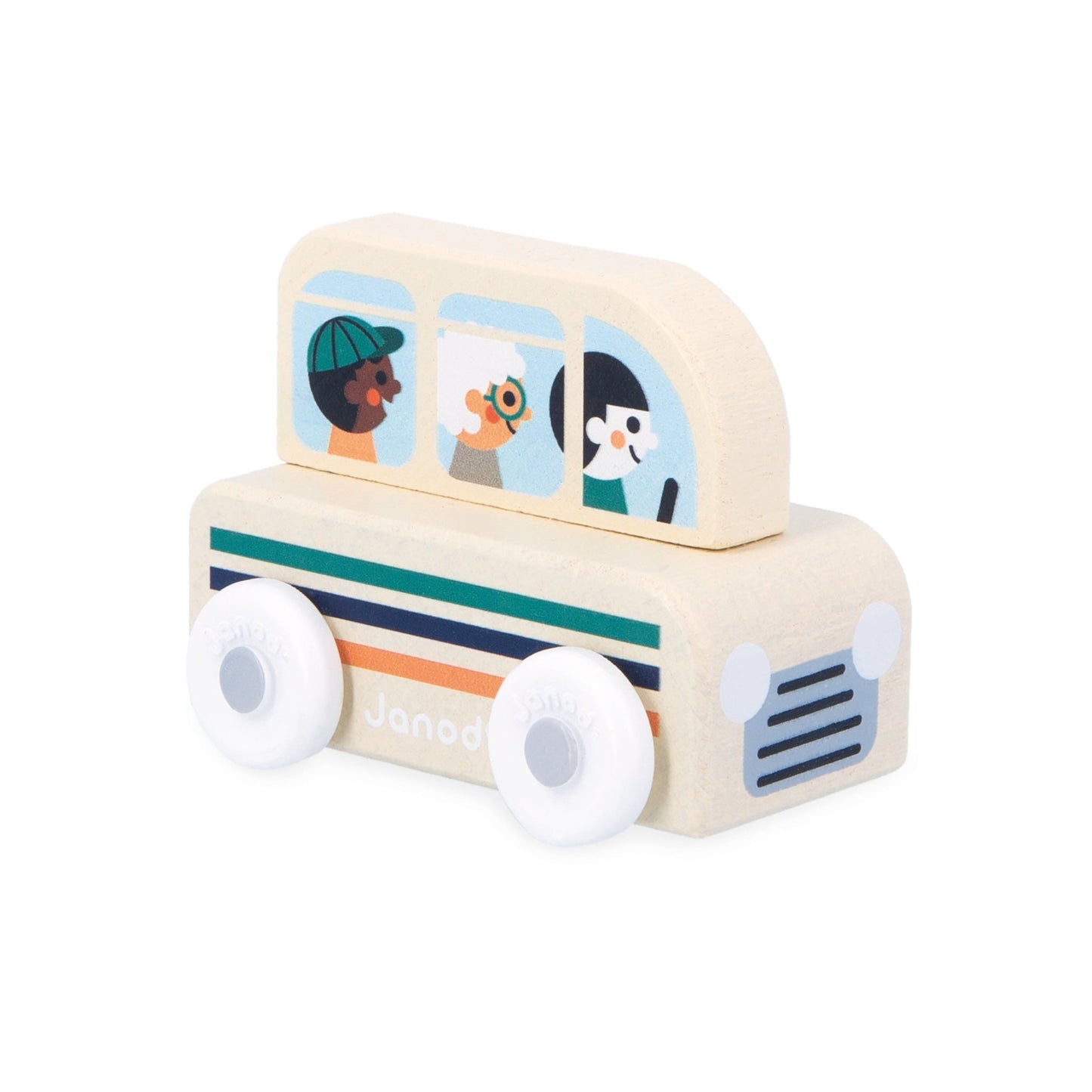 Janod Wooden toy bus with colorful windows on a white background