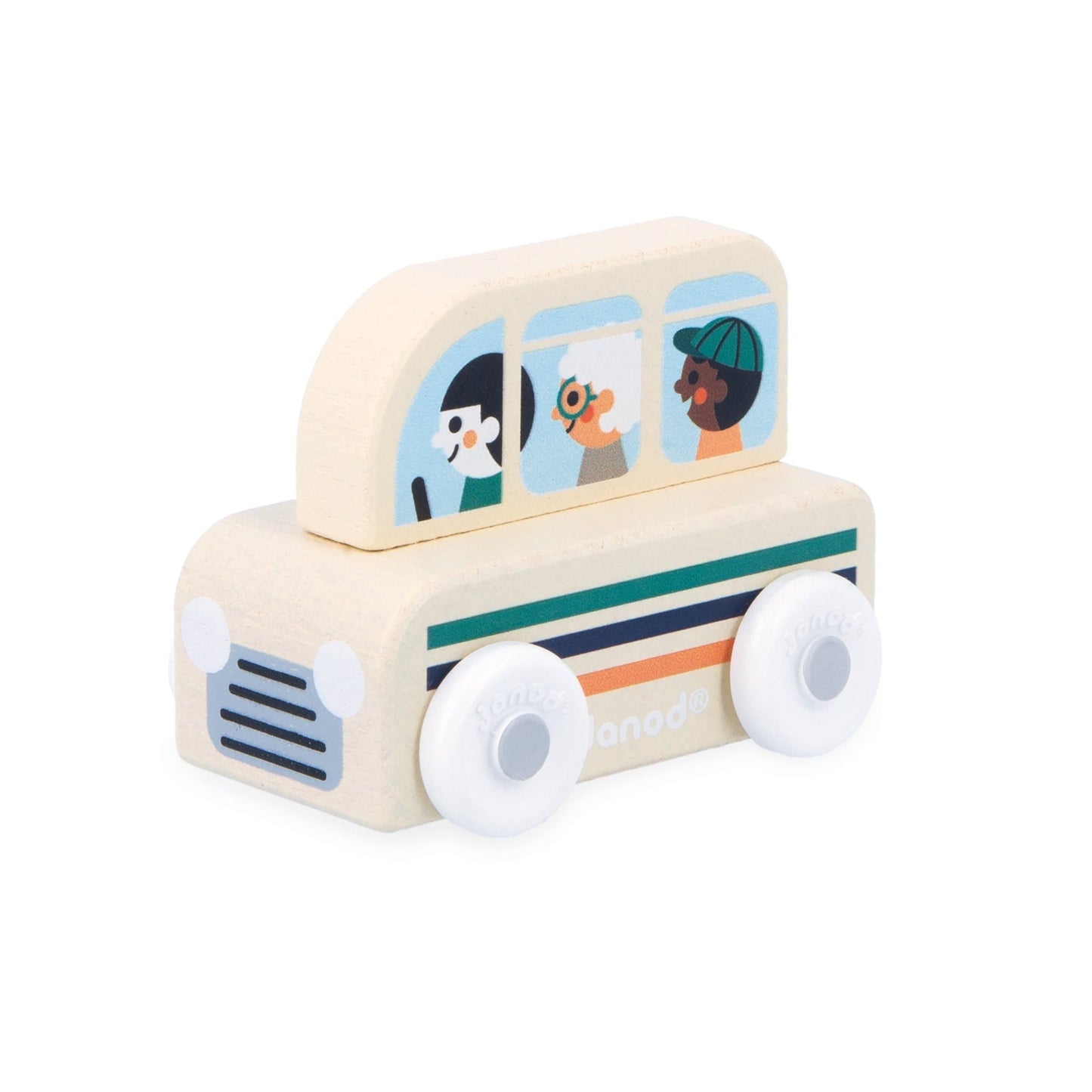 Janod Wooden toy bus with colorful windows on a white background