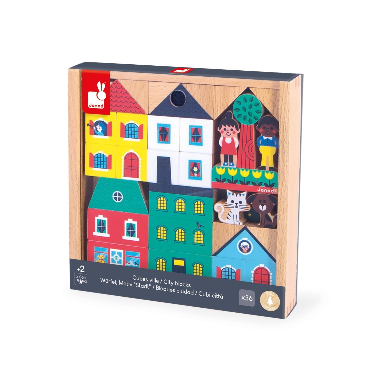 Janod city Wooden toy block set packaging with colorful houses and animals on a white background