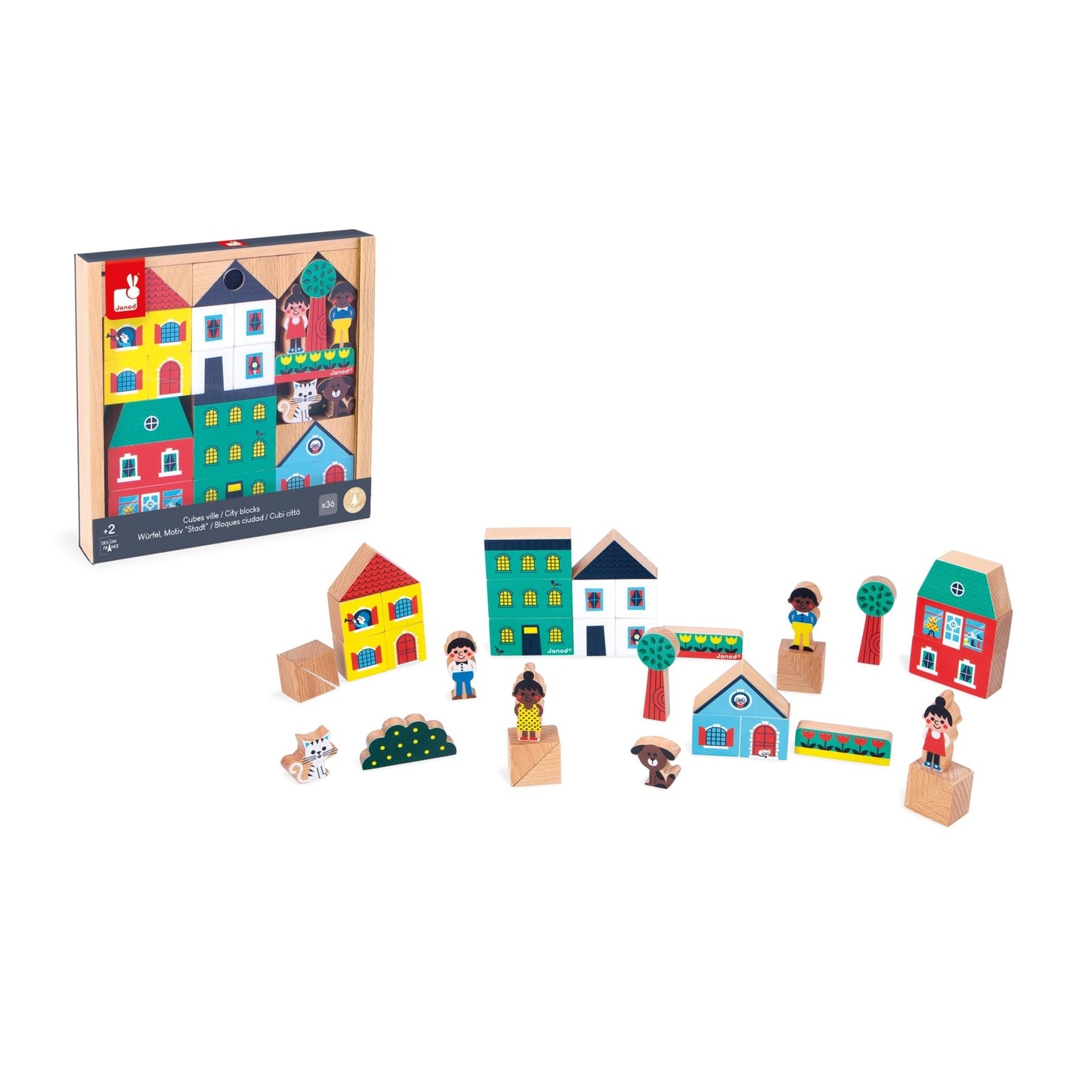 Janod city Wooden toy block set packaging with colorful houses and animals on a white background