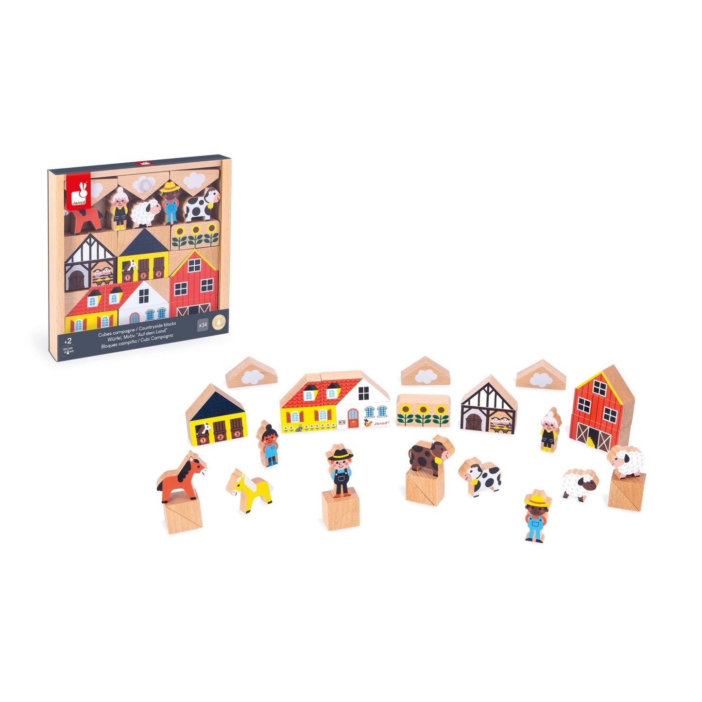 Janod countryside building blocks with animals, farmers and barn accessories.