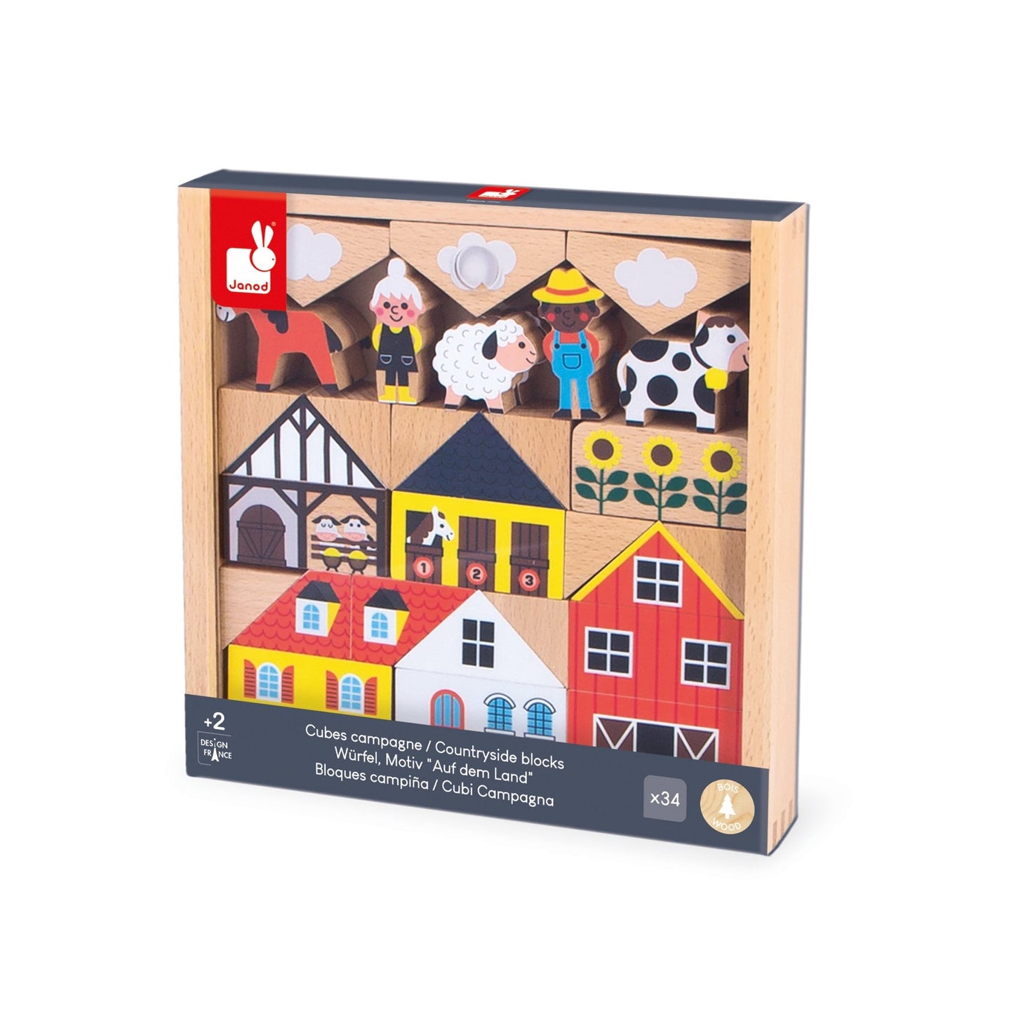 Janod countryside building blocks with animals, farmers and barn accessories.
