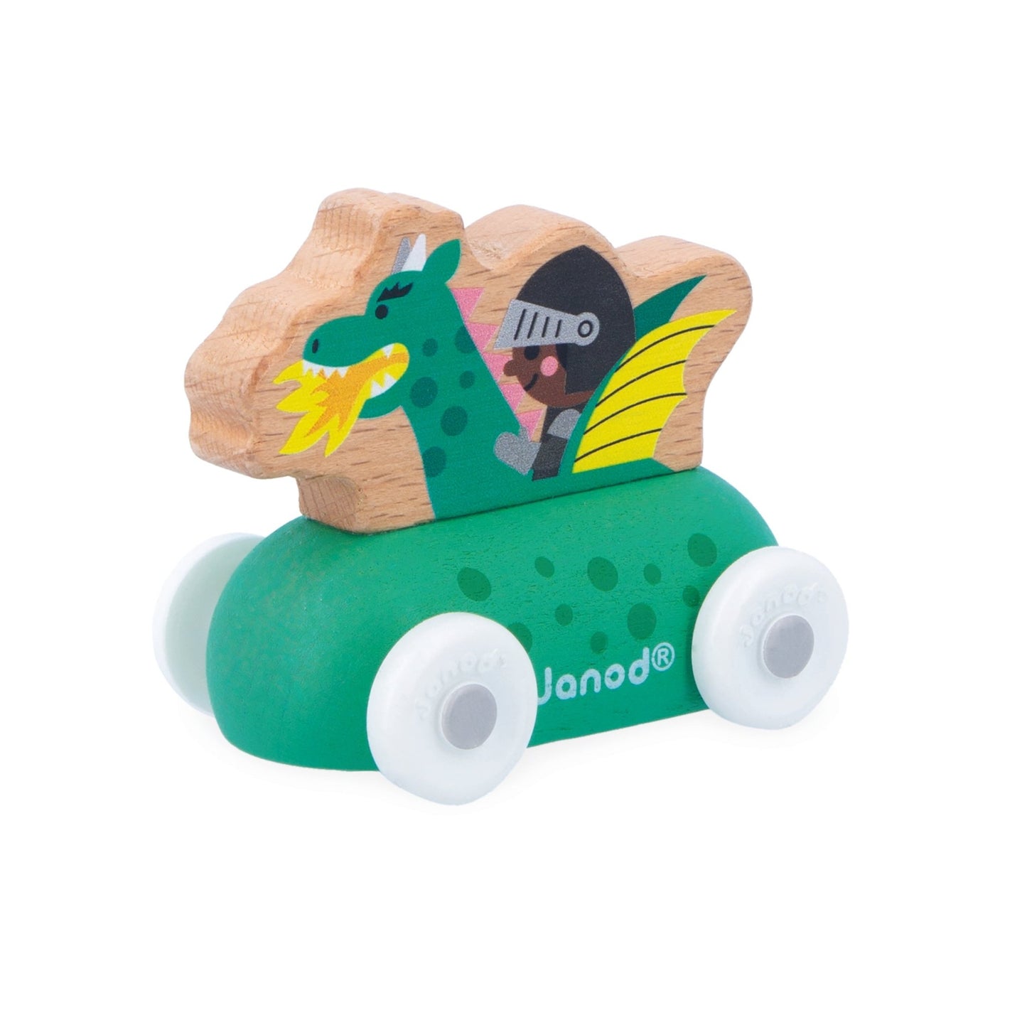 Wooden toy dragon with a knight on a green base, brand 'Janod' visible