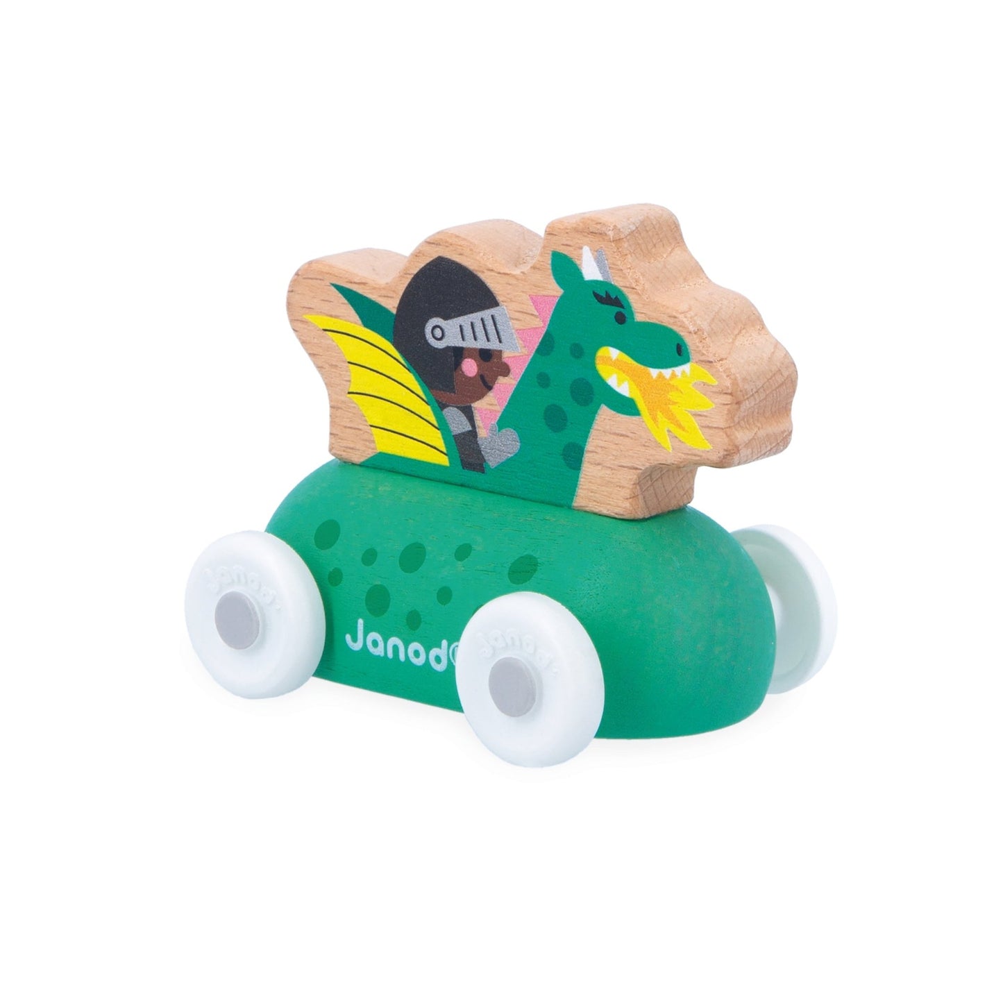 Janod Wooden toy with a green base, brown horse figure, and colourful dragon design on a white background.
