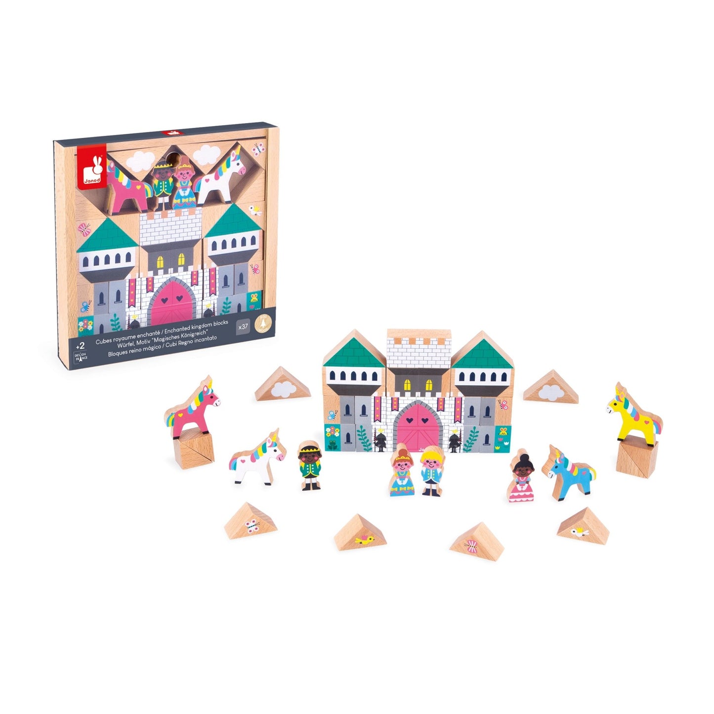 Janod enchanted kingdom building blocks set in a wooden box with sliding plastic cover.