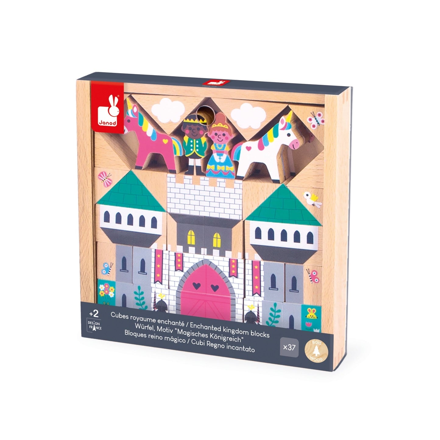 Janod enchanted kingdom building blocks set in a wooden box with sliding plastic cover.