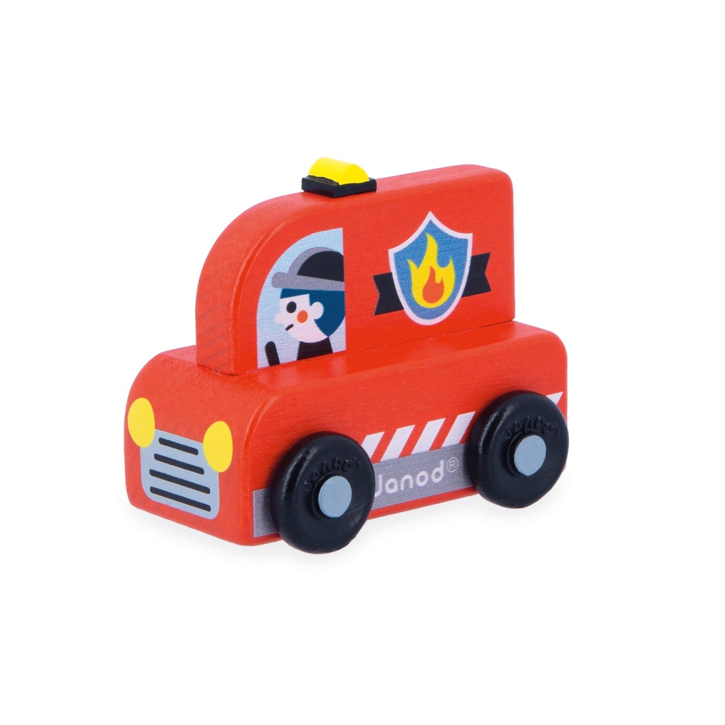 Janod wooden Red toy fire truck with a cartoon character on a white background