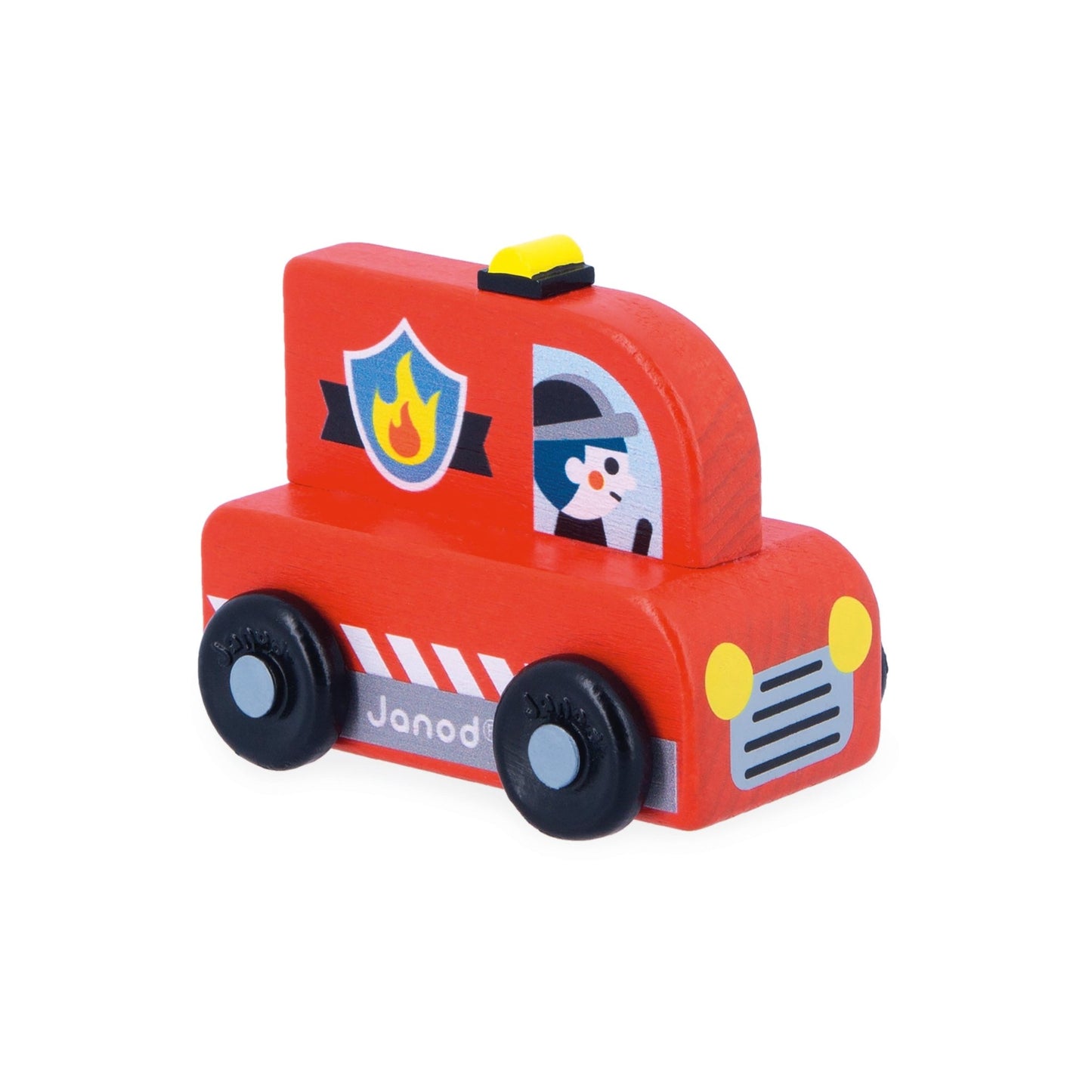Janod wooden Red toy fire truck with a cartoon character on a white background