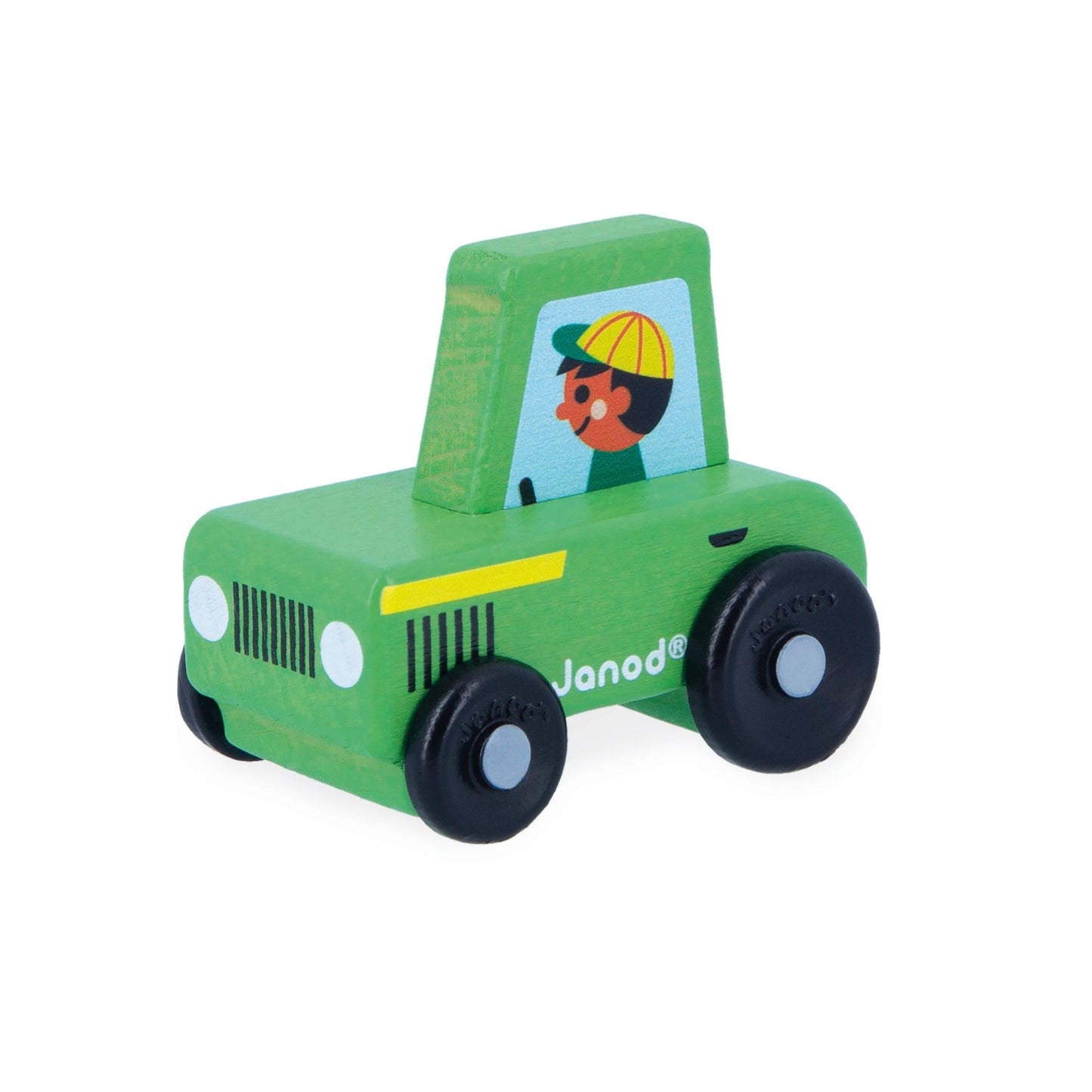 Janod  Green tractor toy car with a character inside on a white background