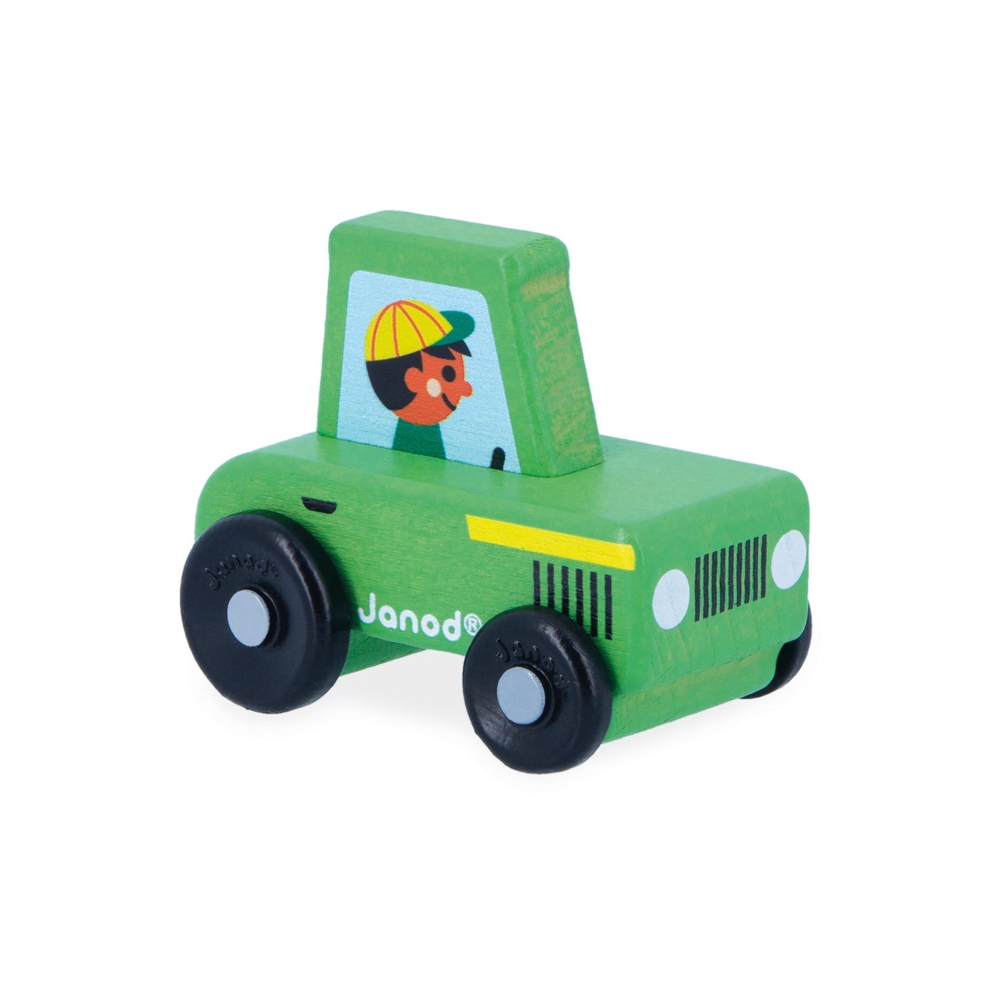 Janod Green tractor toy truck with a character inside on a white background