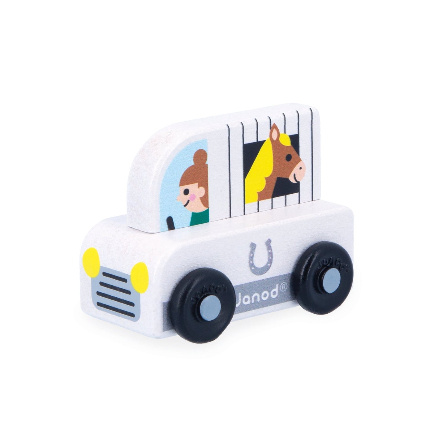 Janod horse box wooden car in white with horse and lady detail and horseshoe.