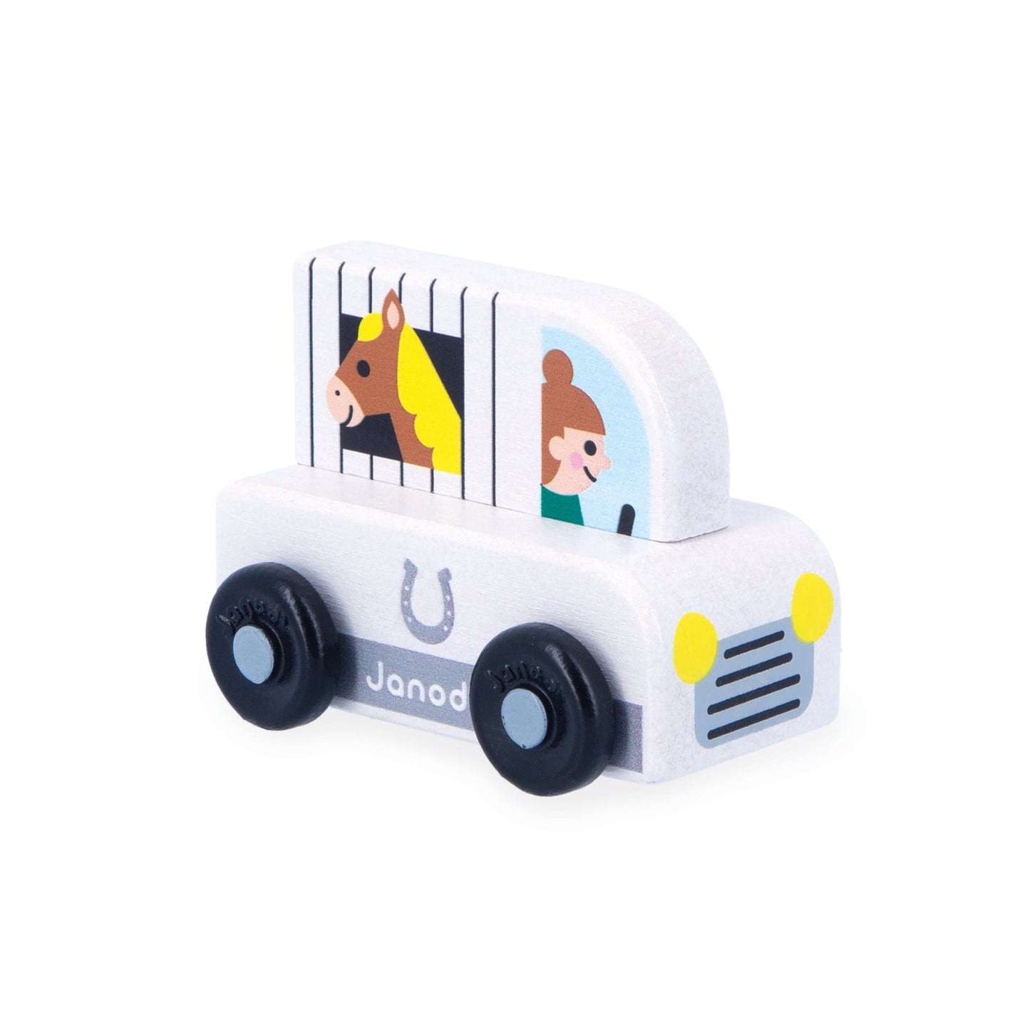 Janod horse box wooden car in white with horse and lady detail and horseshoe.