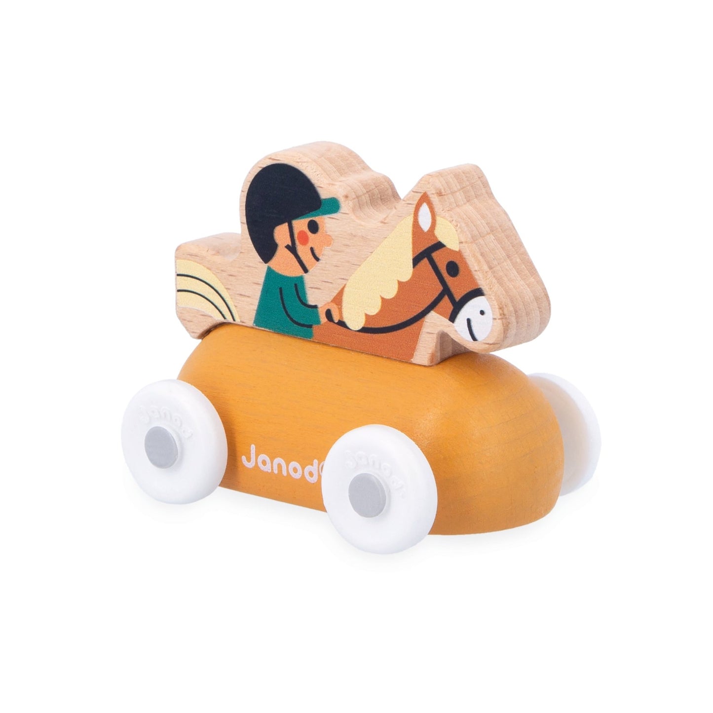 Wooden toy with a horse and rider on an orange base, branded 'Janod'.