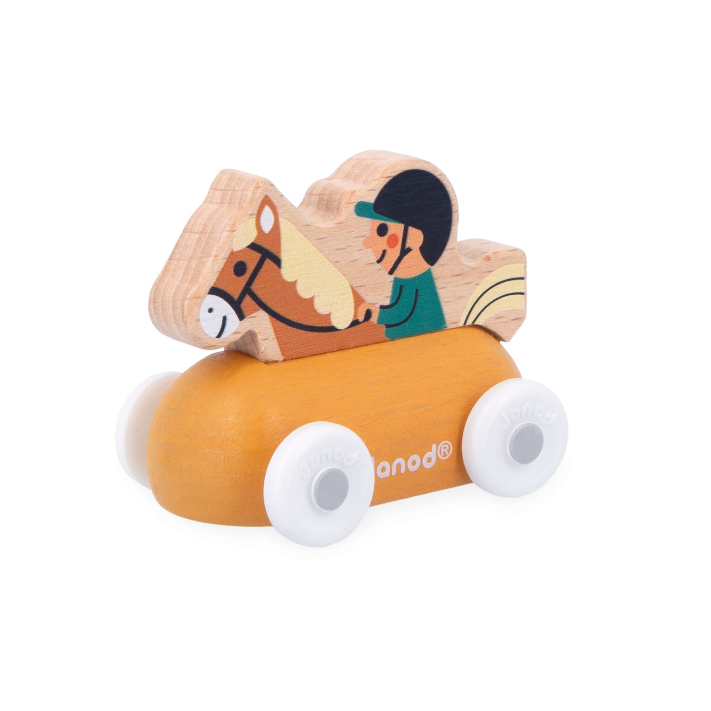 Wooden toy with a horse and rider on an orange base, featuring the brand 'hanad'.