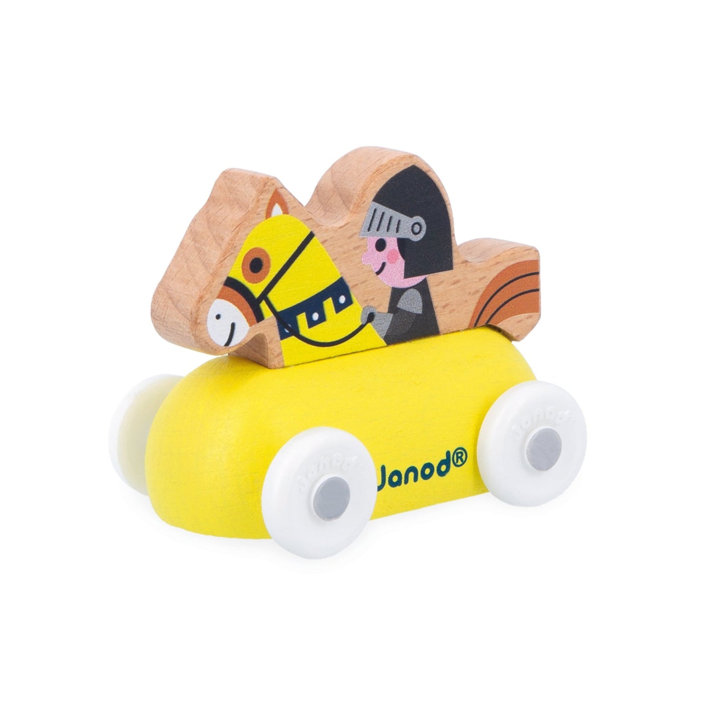 Toy figure of a knight and horse on a yellow base with 'Janod' branding.