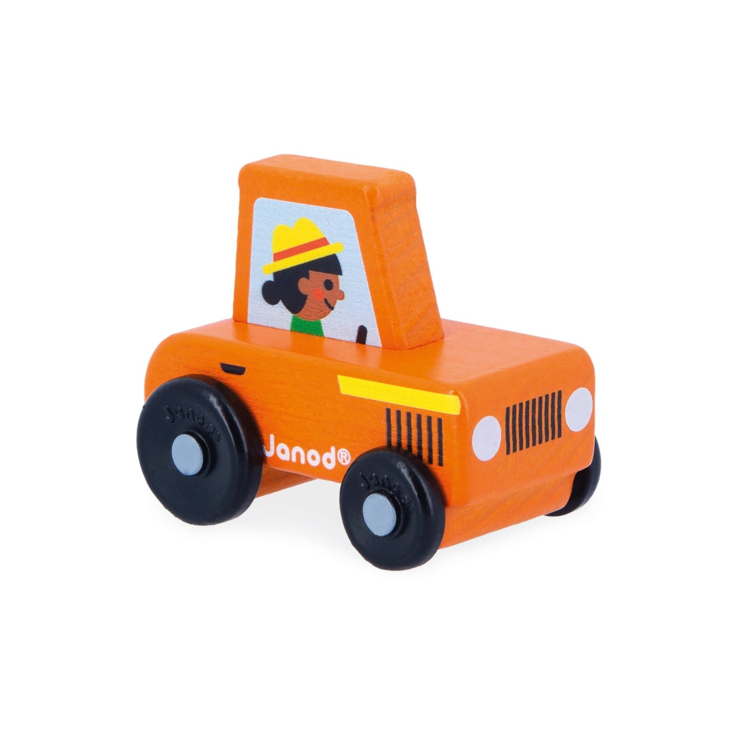 Janod wooden Orange toy tractor with a driver figure on a white background