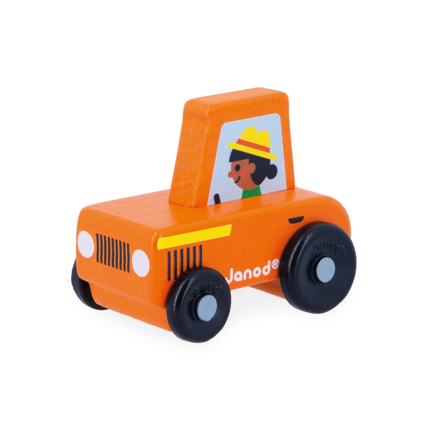 Orange Toy tractor with a driver figure on a white background, featuring the brand 'Janod'.
