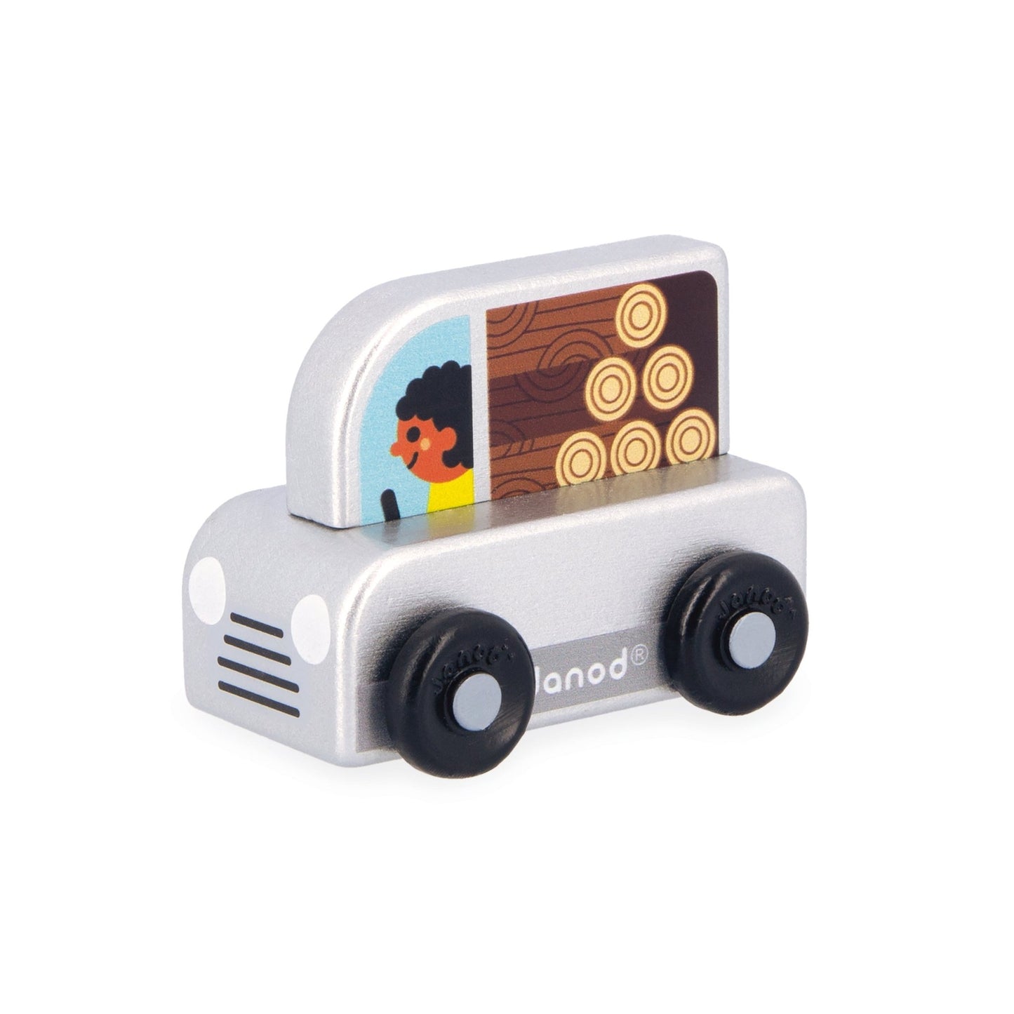 Janod wooden pick up truck in grey with painted person and log detail.