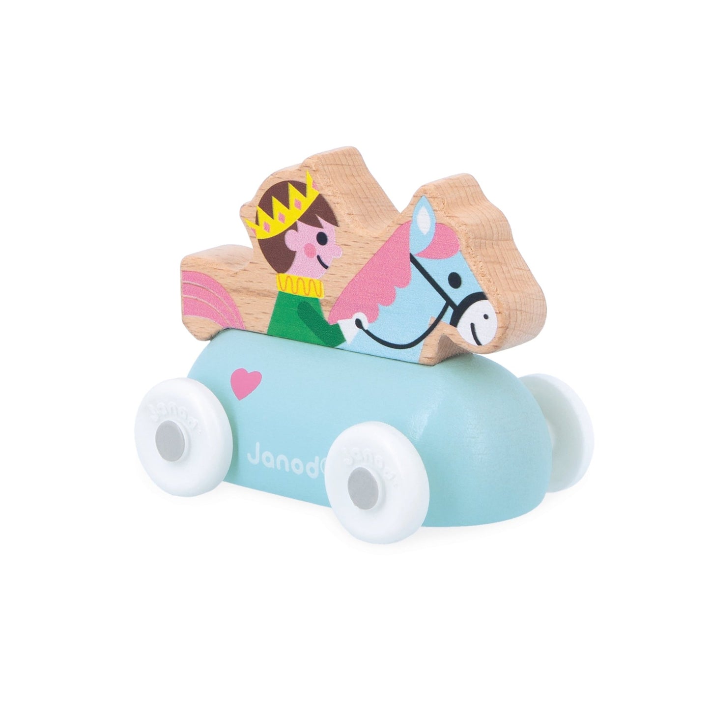 Janod Prince Wooden toy car with a horse and a princess figure on a white background