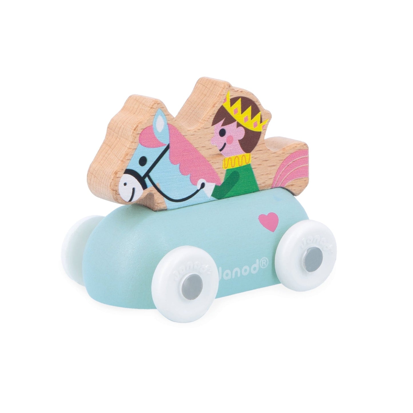 Janod Prince Wooden toy car with a horse and a princess figure on a white background