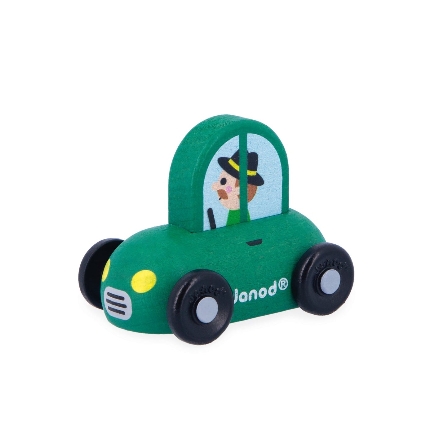 Janod small green wooden car with painted man character 